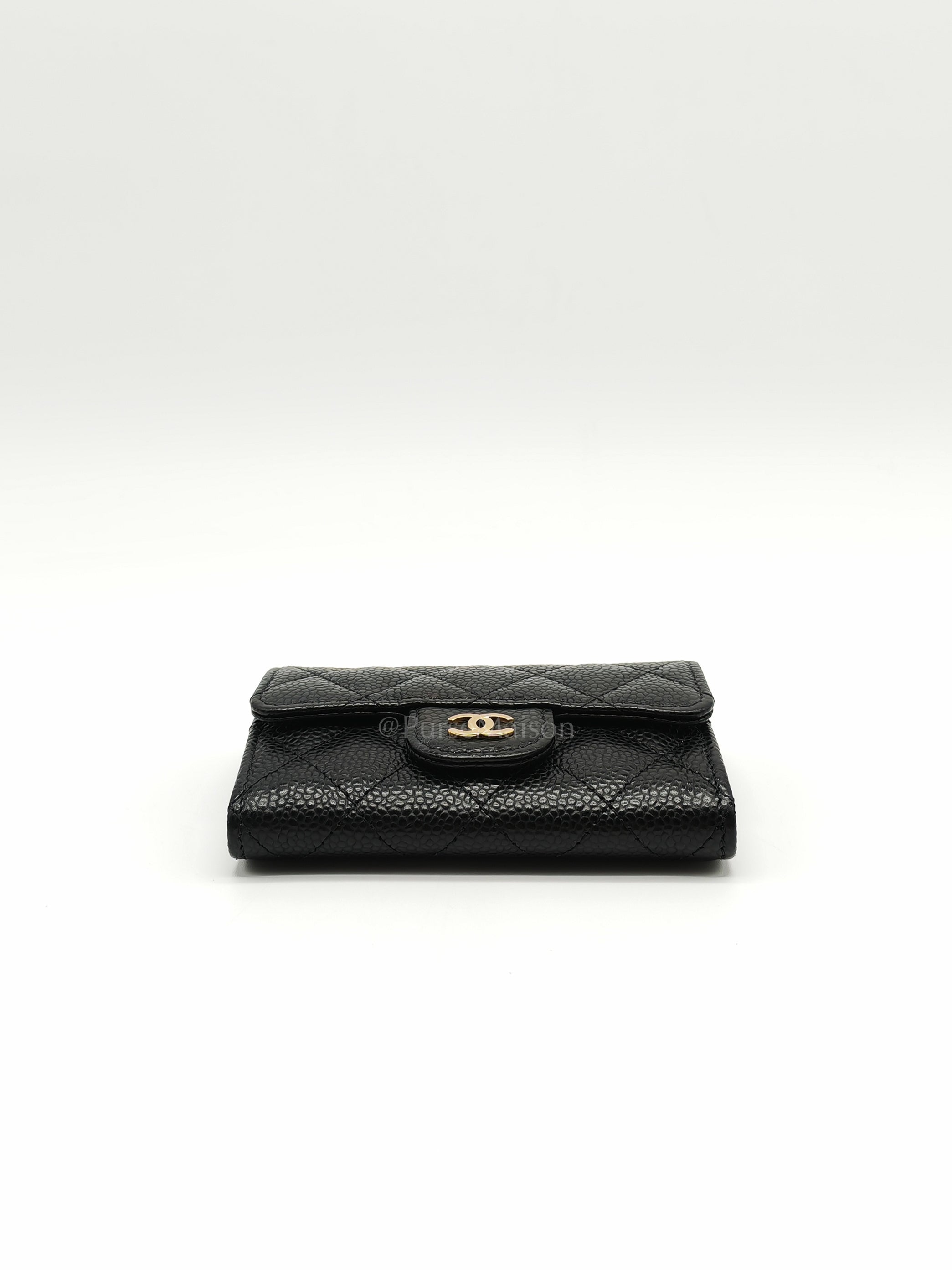 Classic Card Holder Flap Caviar Leather in Gold Hardware (Microchip)