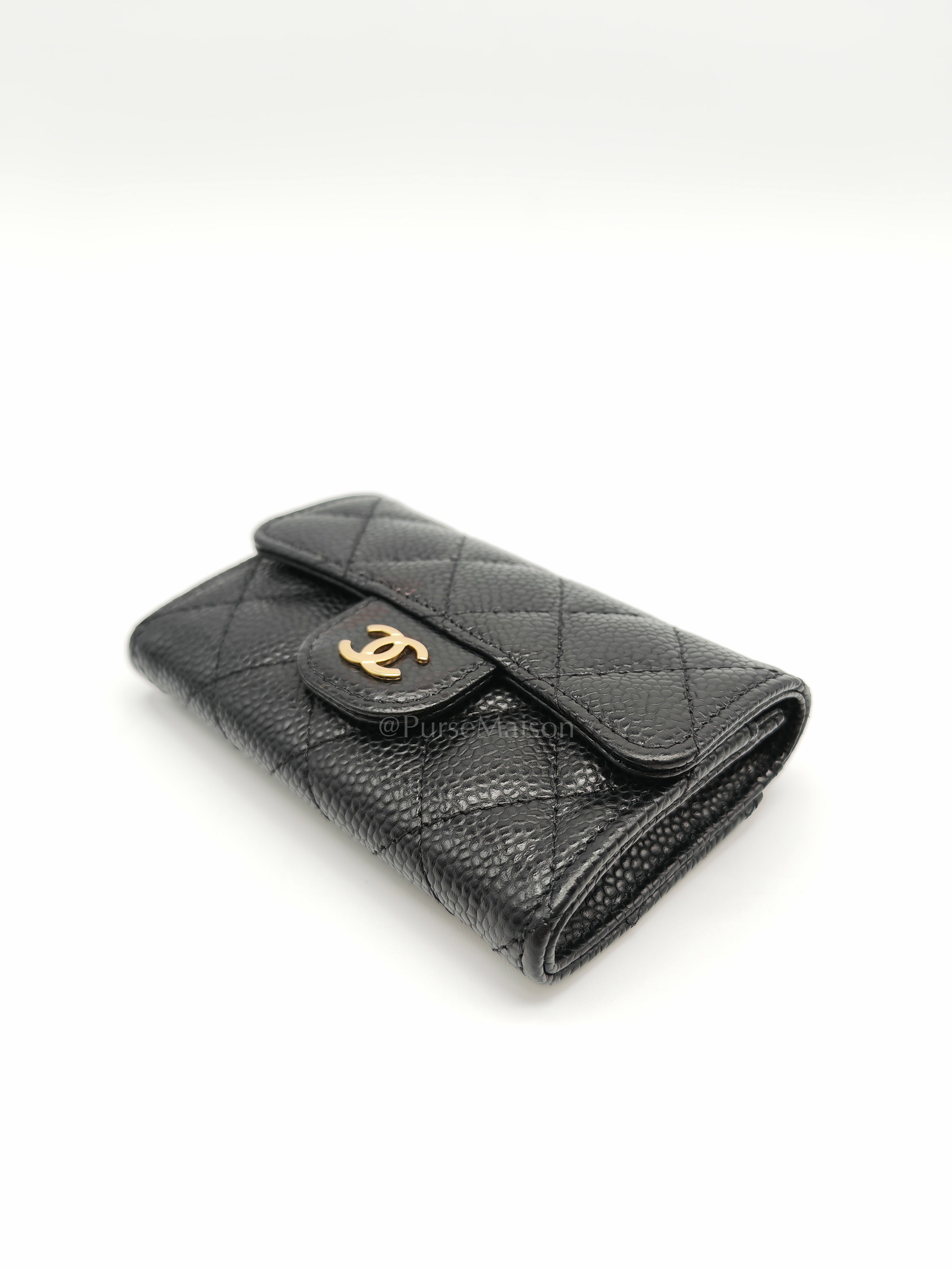 Classic Card Holder Flap Caviar Leather in Gold Hardware (Microchip)