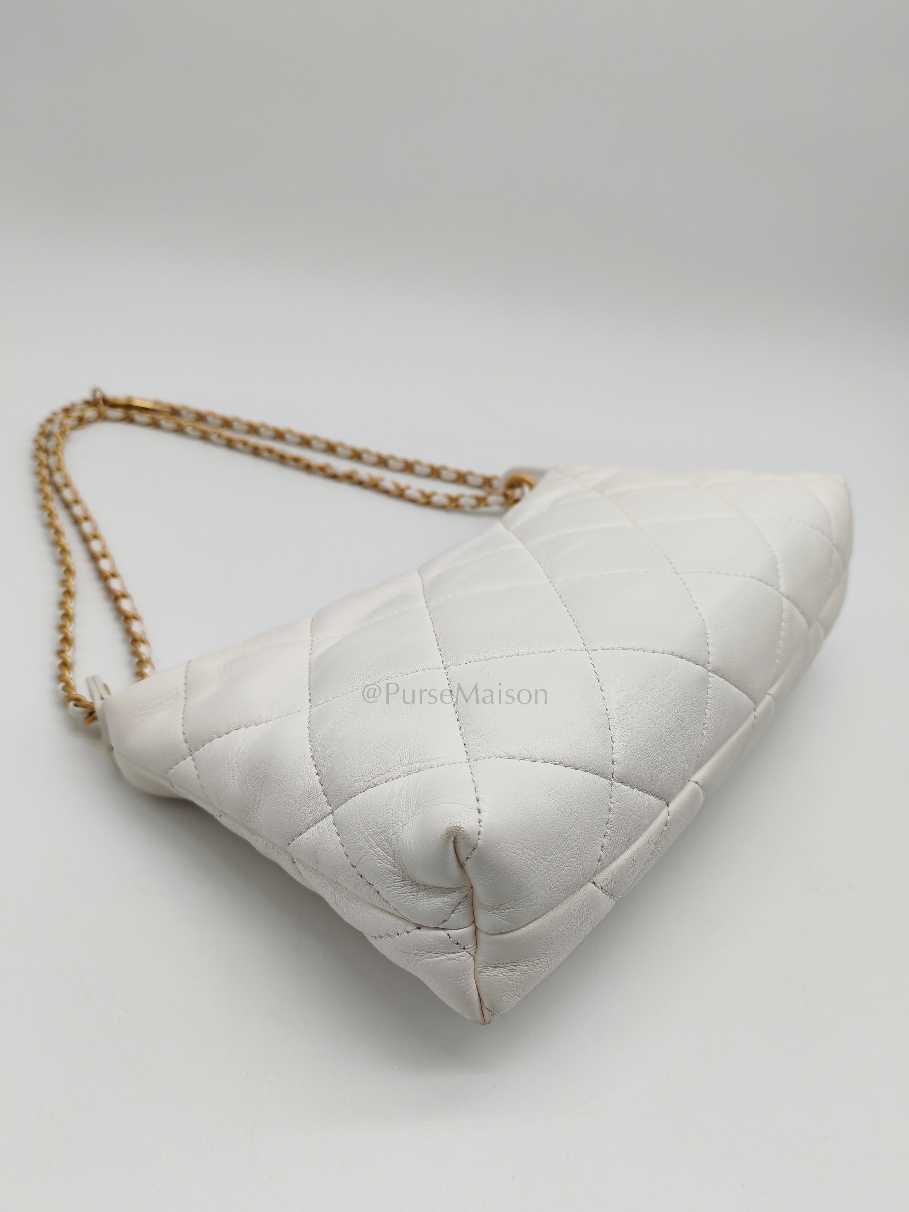 Hobo Bag in White Lambskin Leather and Aged Gold Hardware (Microchip)