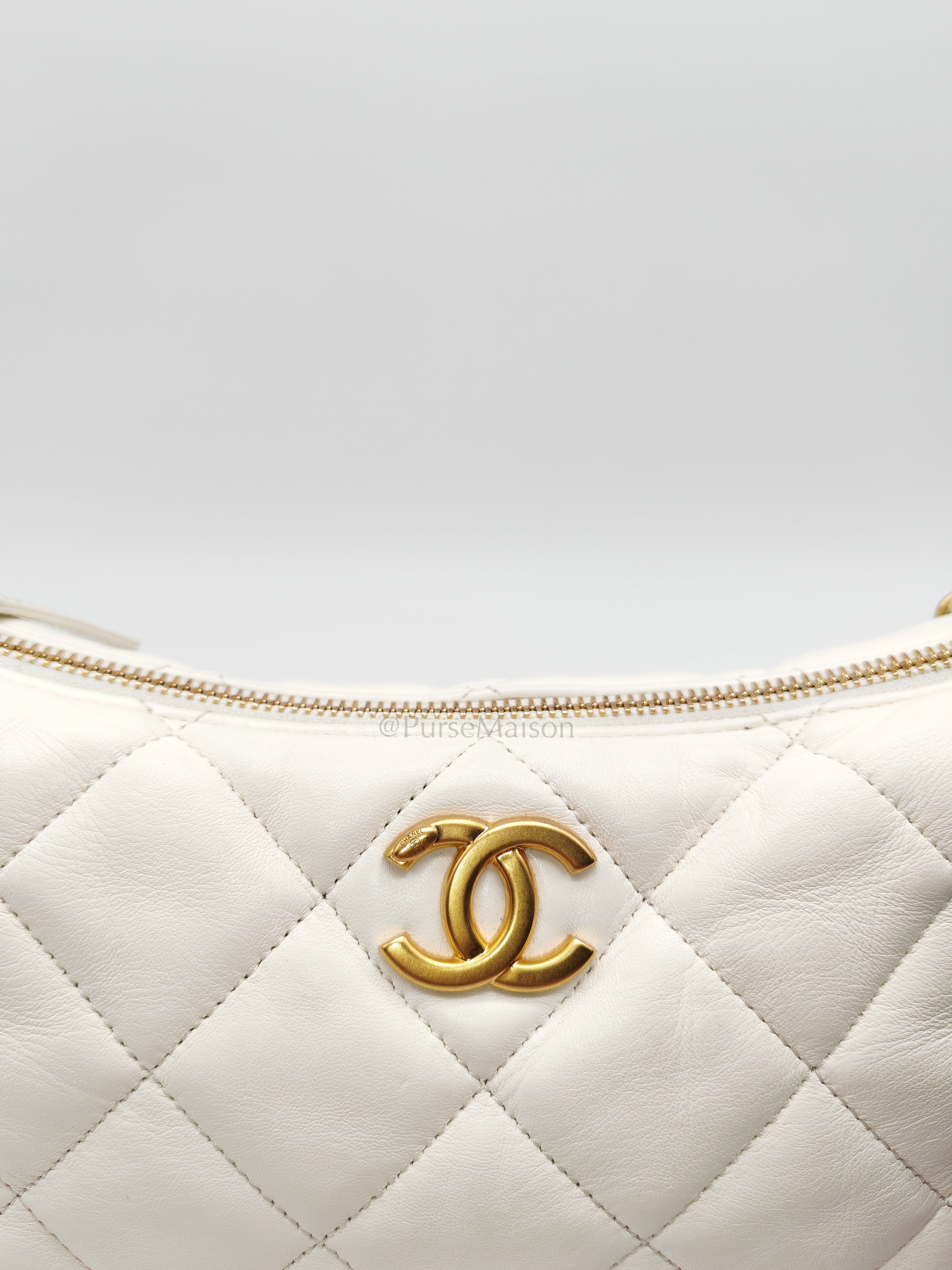 Hobo Bag in White Lambskin Leather and Aged Gold Hardware (Microchip)
