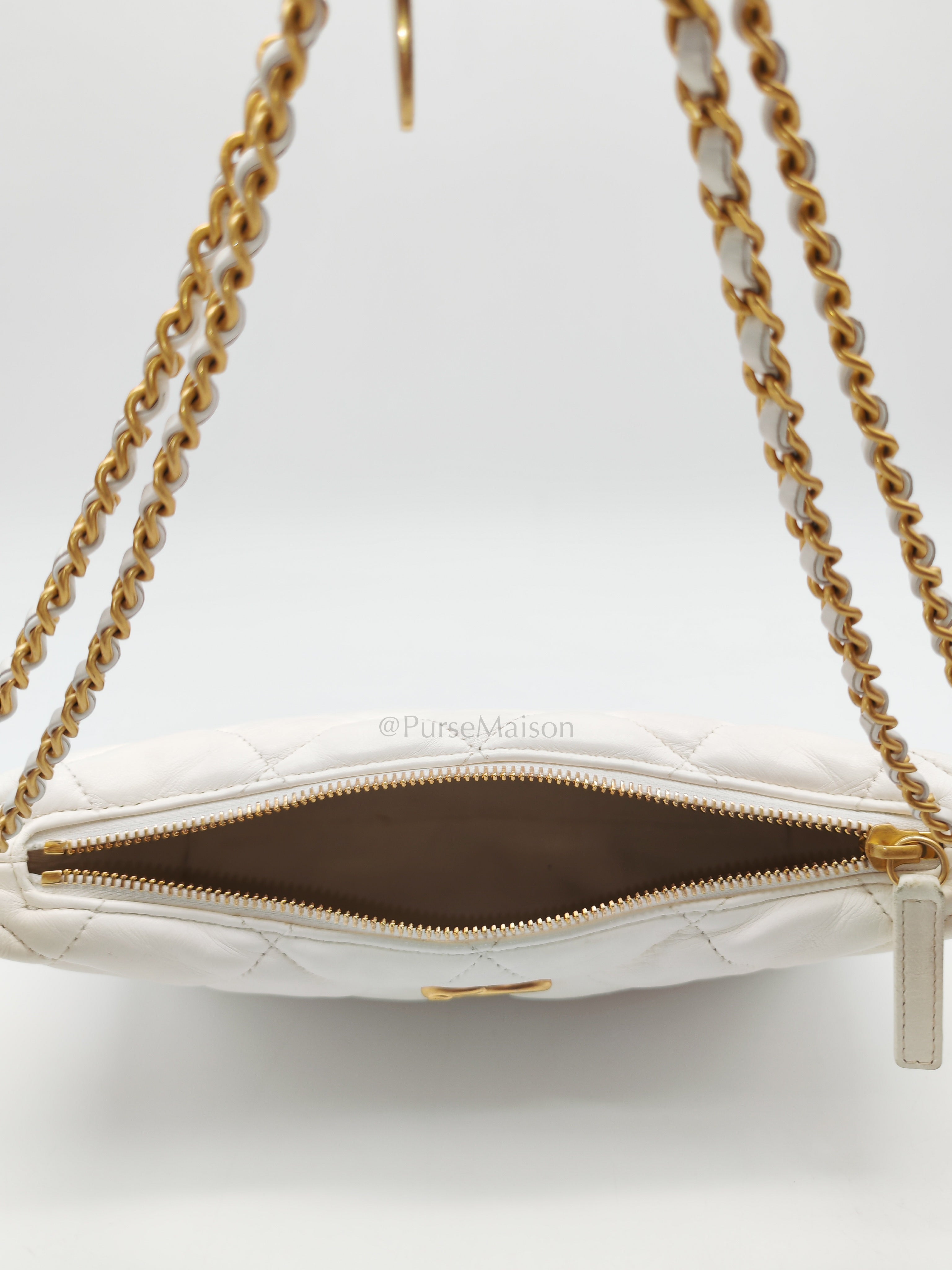 Hobo Bag in White Lambskin Leather and Aged Gold Hardware (Microchip)