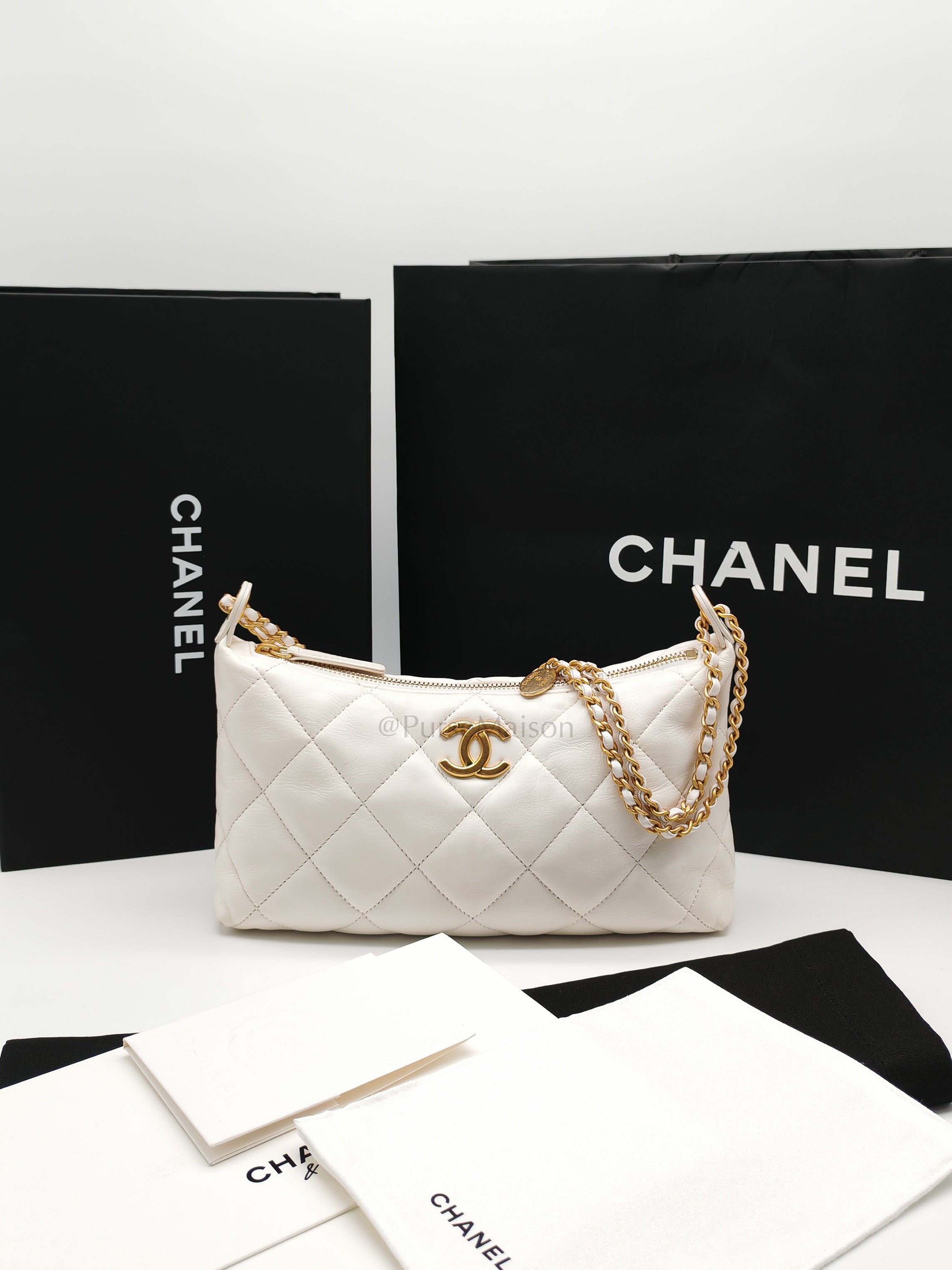 Hobo Bag in White Lambskin Leather and Aged Gold Hardware (Microchip)