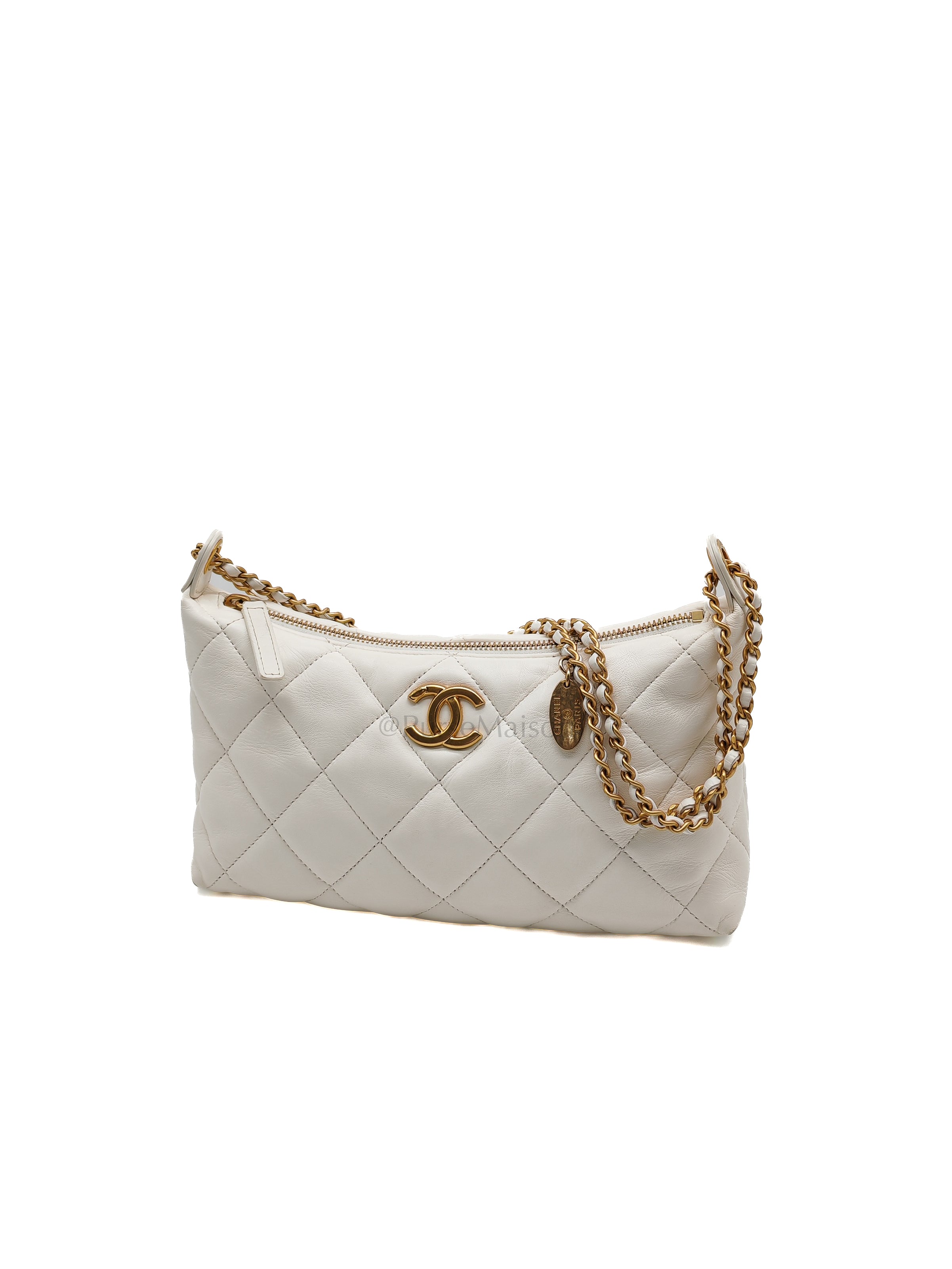 Hobo Bag in White Lambskin Leather and Aged Gold Hardware (Microchip)