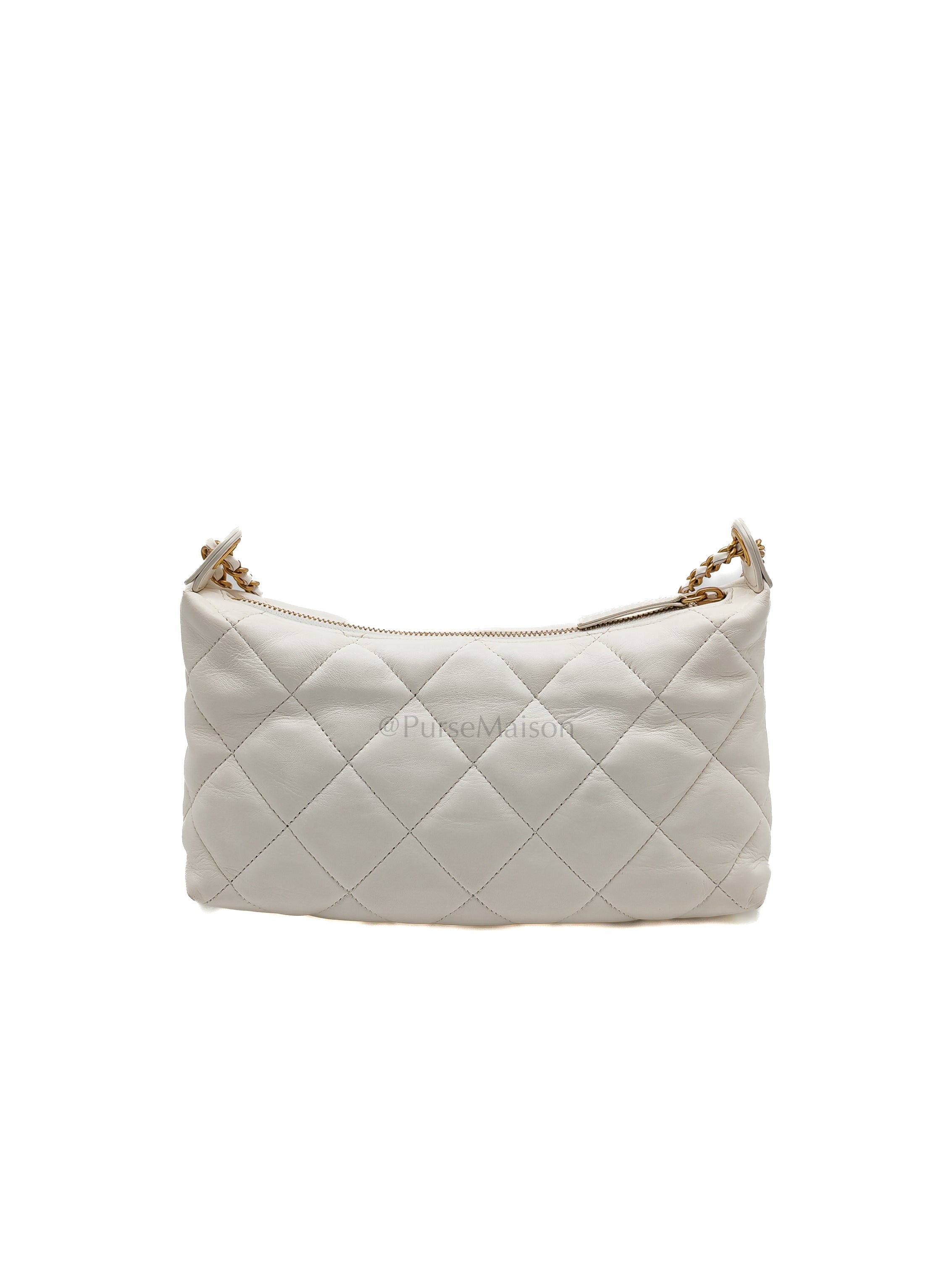 Hobo Bag in White Lambskin Leather and Aged Gold Hardware (Microchip)