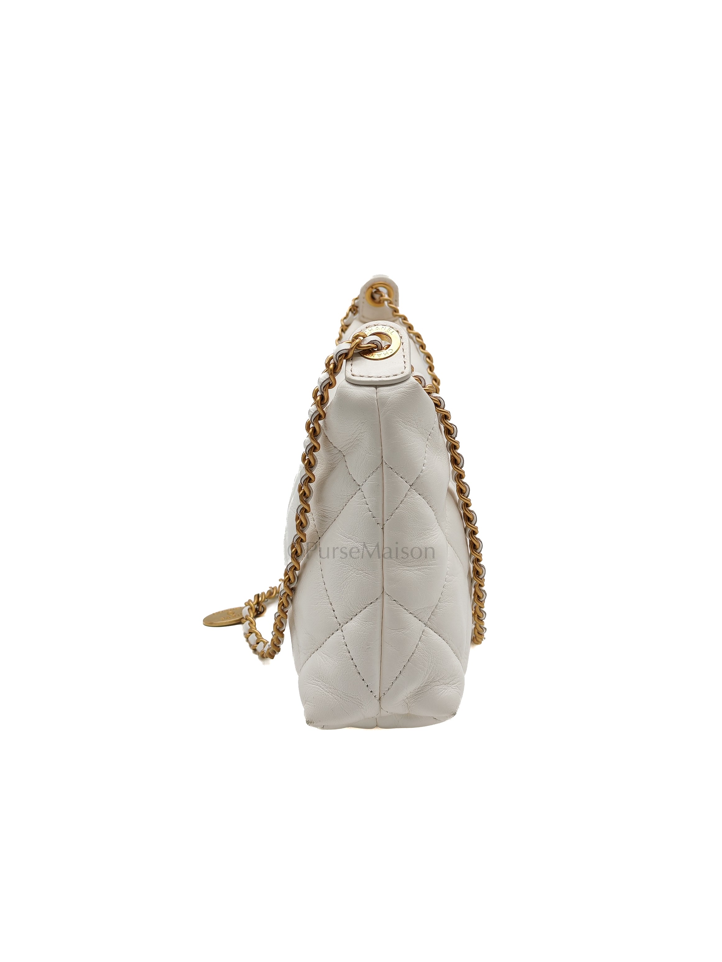 Hobo Bag in White Lambskin Leather and Aged Gold Hardware (Microchip)