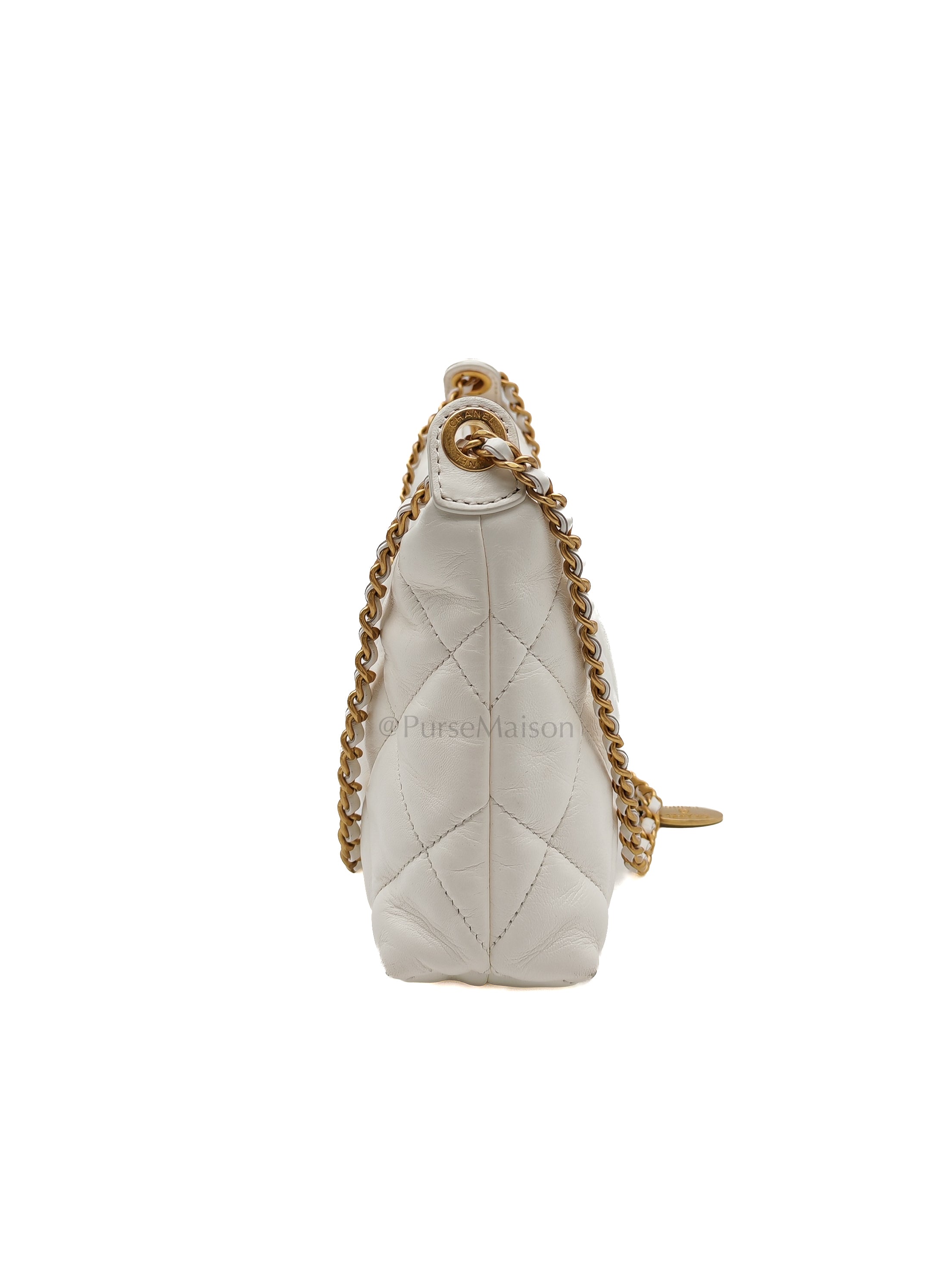 Hobo Bag in White Lambskin Leather and Aged Gold Hardware (Microchip)