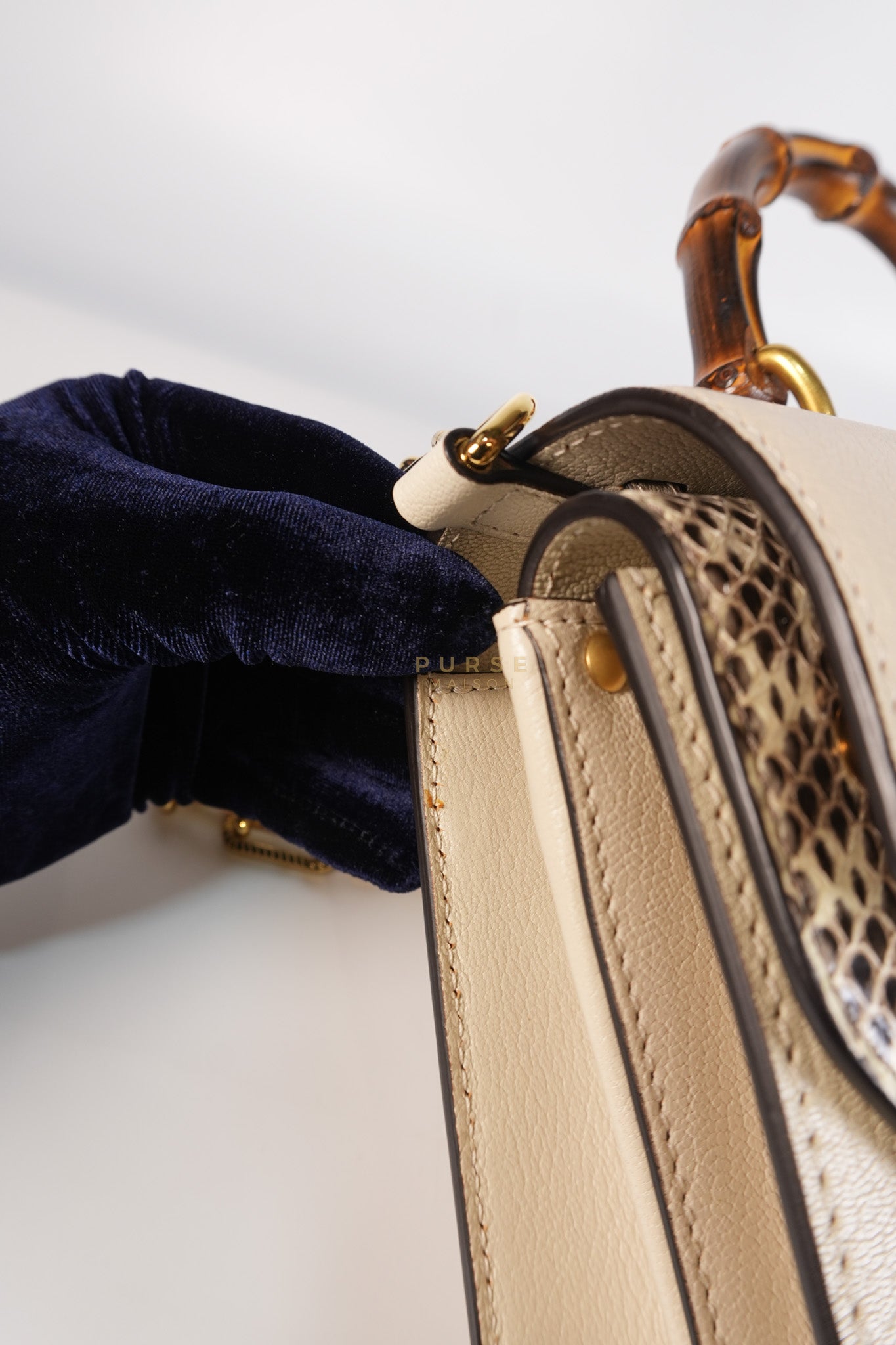 Ottilia Bee Printed Bamboo Top Handle Bag Small in Cream Leather and Snakeskin | Purse Maison Luxury Bags Shop