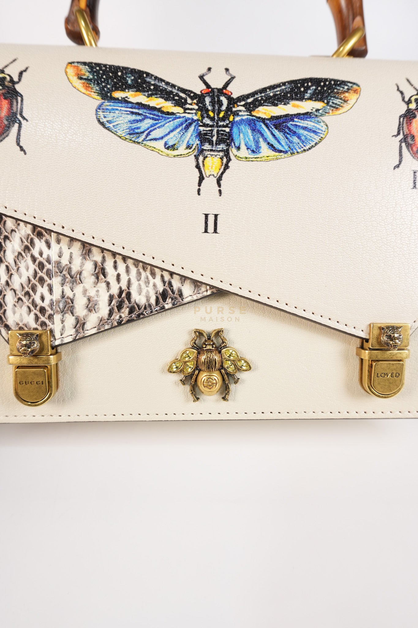 Ottilia Bee Printed Bamboo Top Handle Bag Small in Cream Leather and Snakeskin | Purse Maison Luxury Bags Shop