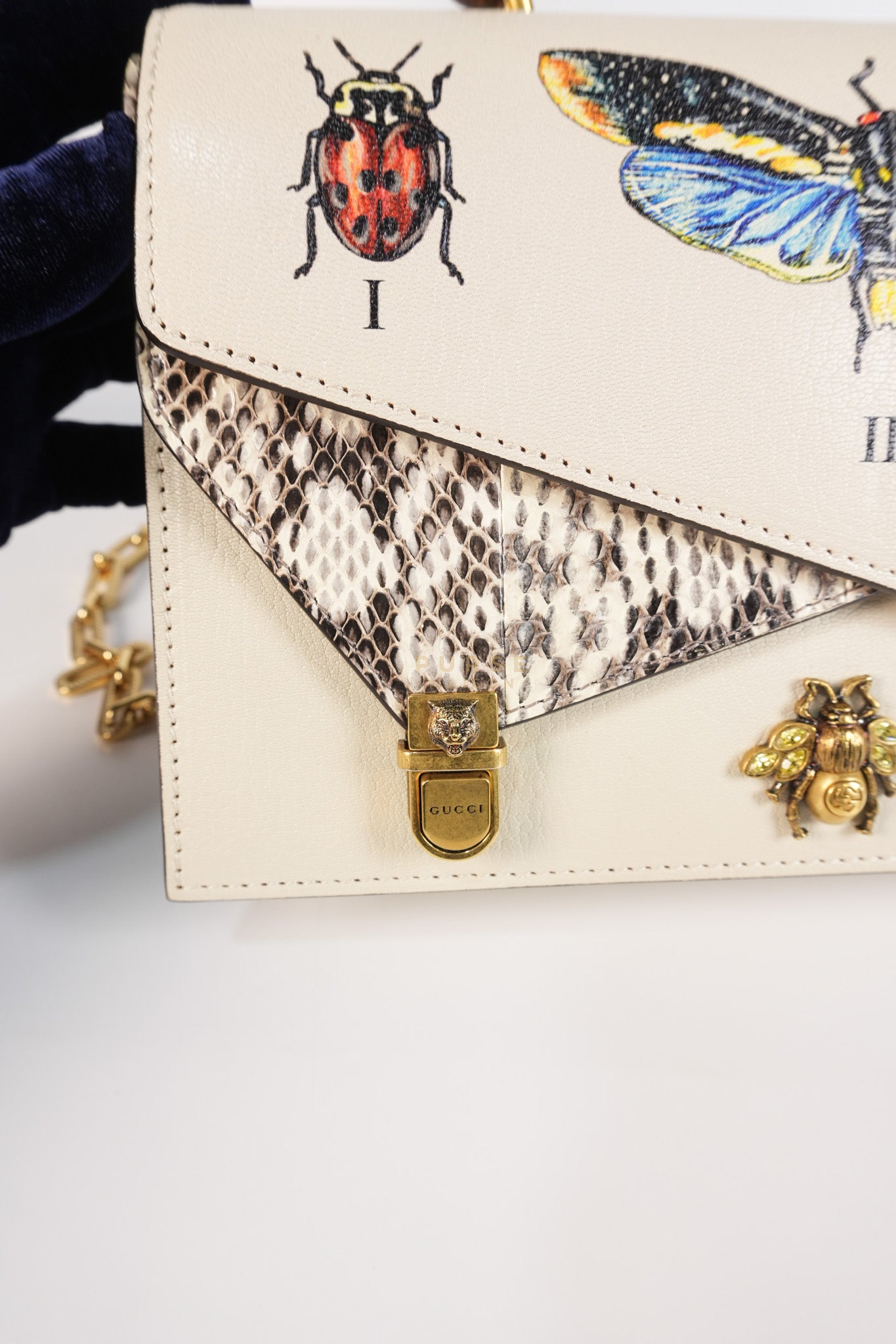 Ottilia Bee Printed Bamboo Top Handle Bag Small in Cream Leather and Snakeskin | Purse Maison Luxury Bags Shop