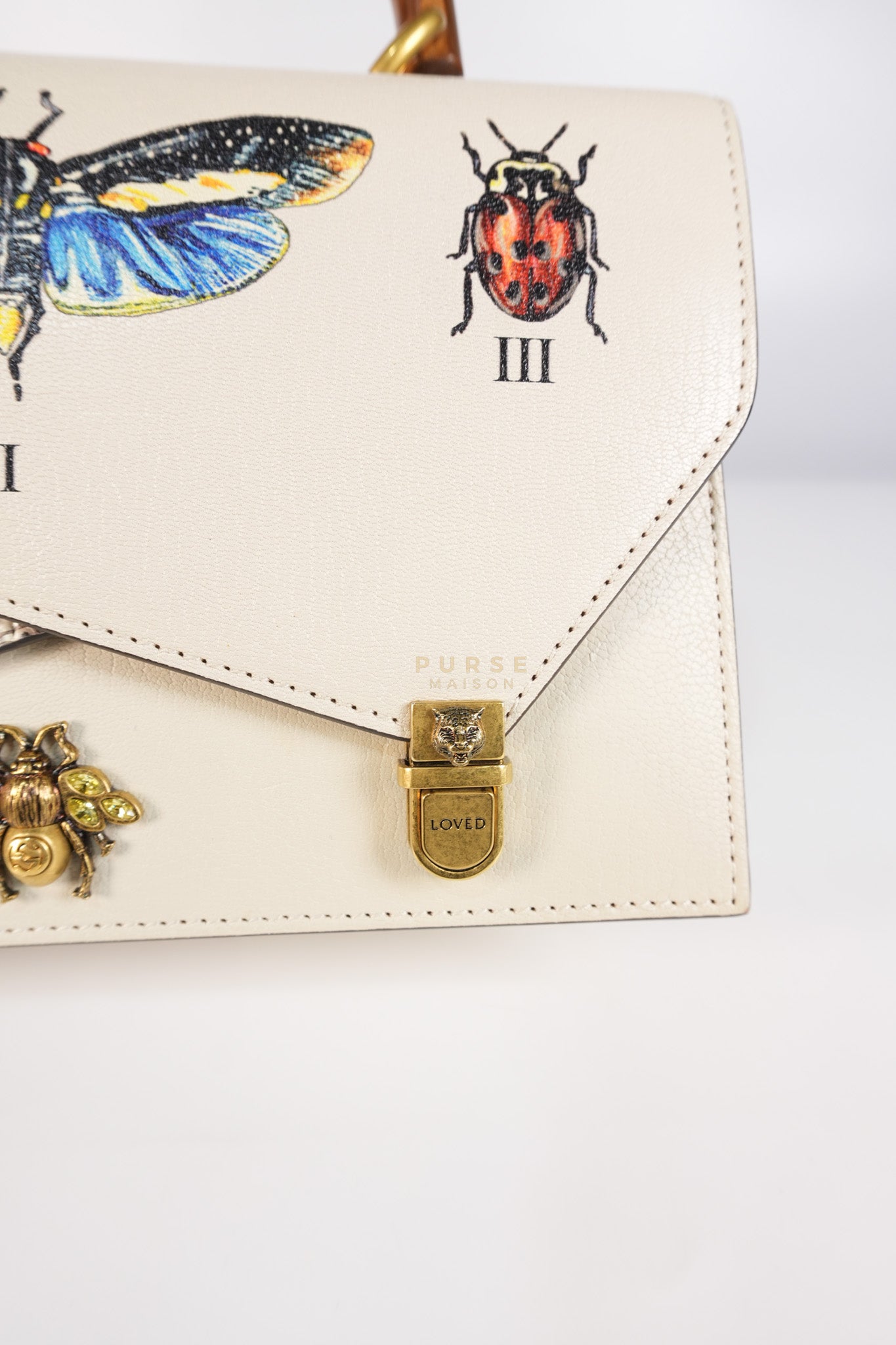 Ottilia Bee Printed Bamboo Top Handle Bag Small in Cream Leather and Snakeskin | Purse Maison Luxury Bags Shop