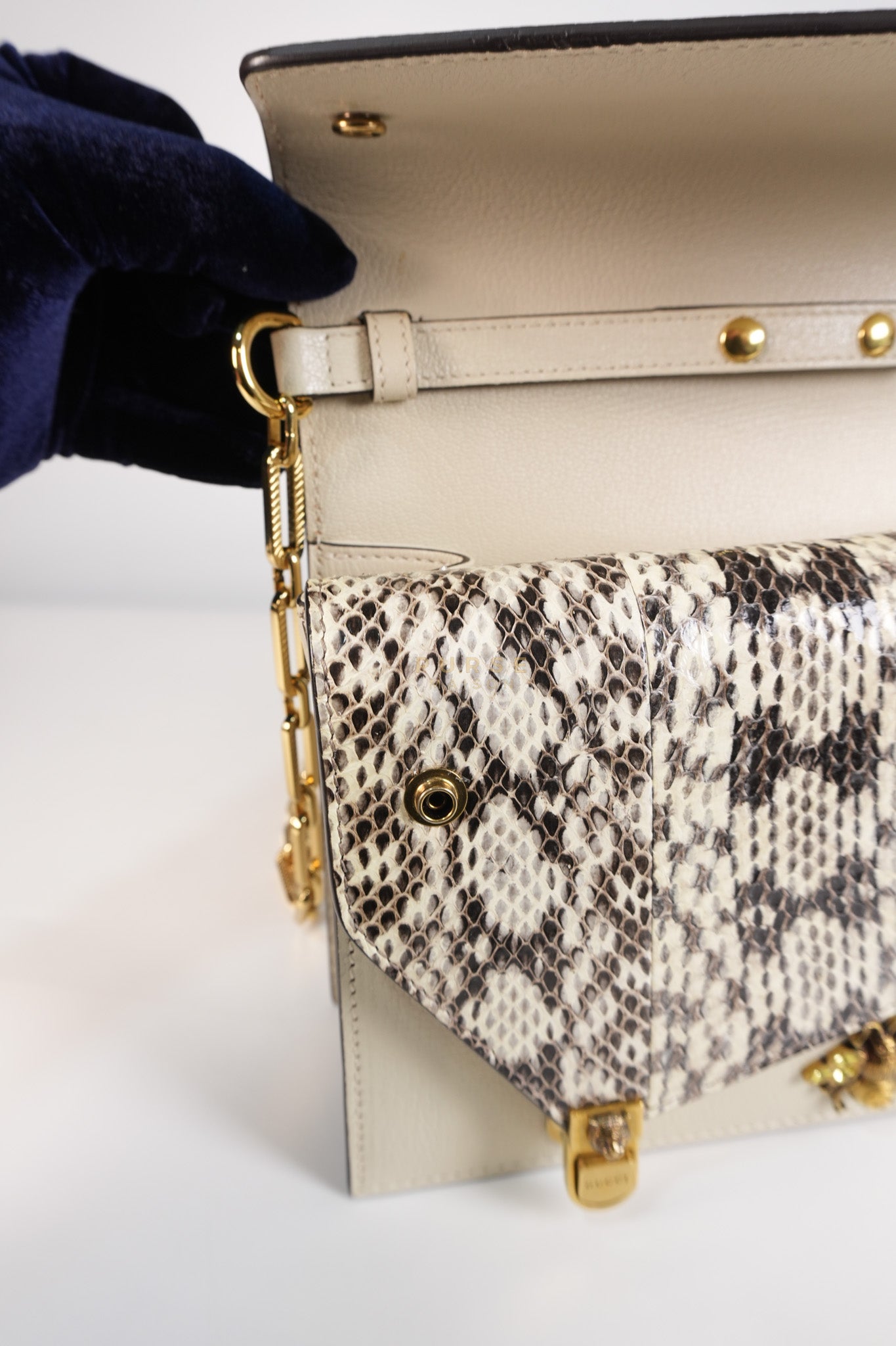 Ottilia Bee Printed Bamboo Top Handle Bag Small in Cream Leather and Snakeskin | Purse Maison Luxury Bags Shop