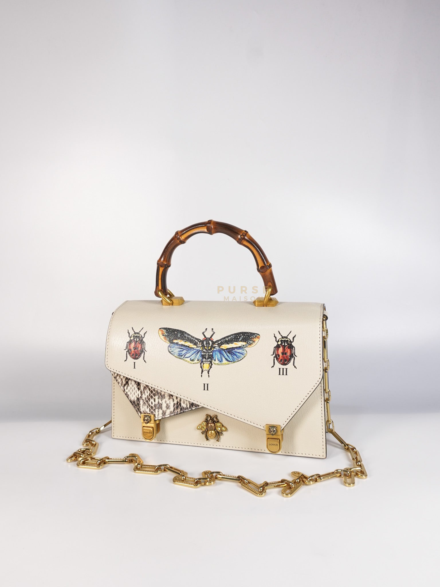 Ottilia Bee Printed Bamboo Top Handle Bag Small in Cream Leather and Snakeskin | Purse Maison Luxury Bags Shop