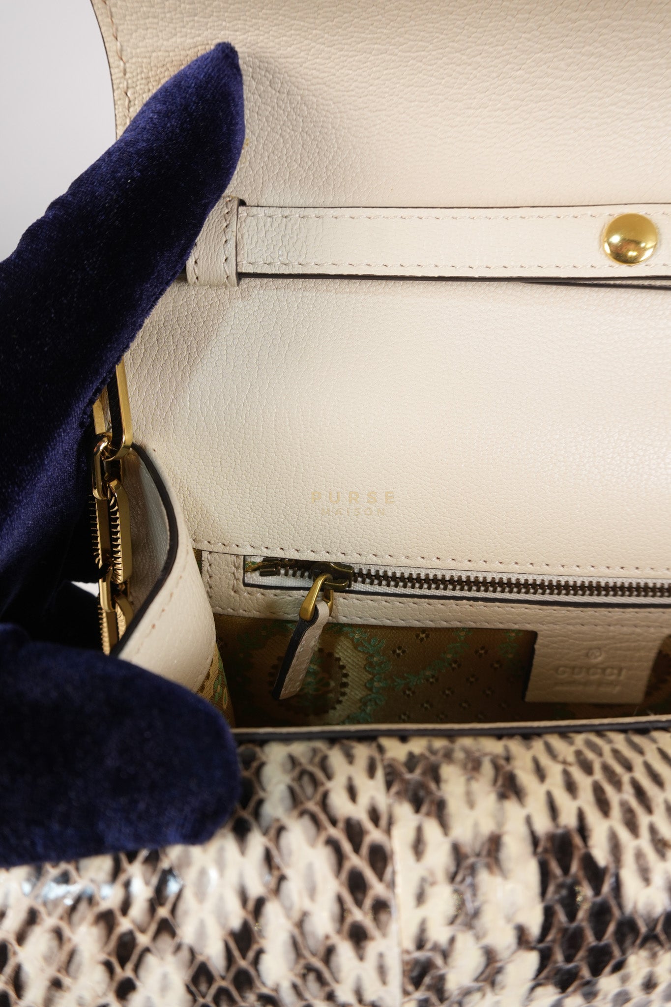 Ottilia Bee Printed Bamboo Top Handle Bag Small in Cream Leather and Snakeskin | Purse Maison Luxury Bags Shop