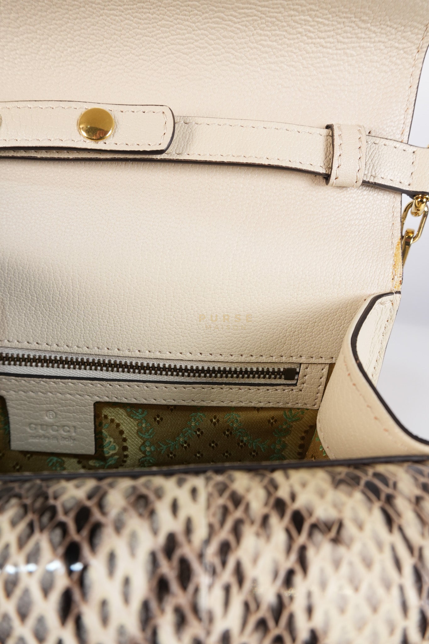 Ottilia Bee Printed Bamboo Top Handle Bag Small in Cream Leather and Snakeskin | Purse Maison Luxury Bags Shop