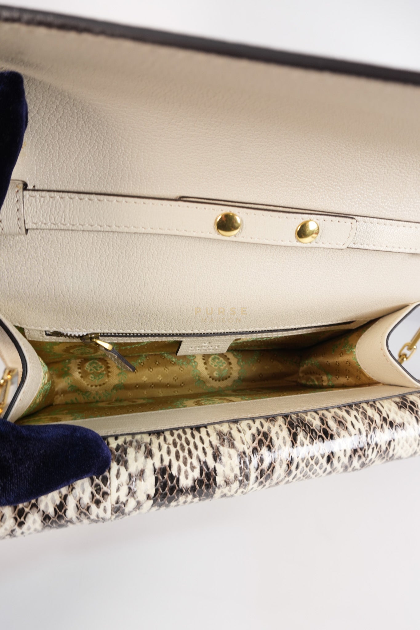 Ottilia Bee Printed Bamboo Top Handle Bag Small in Cream Leather and Snakeskin | Purse Maison Luxury Bags Shop