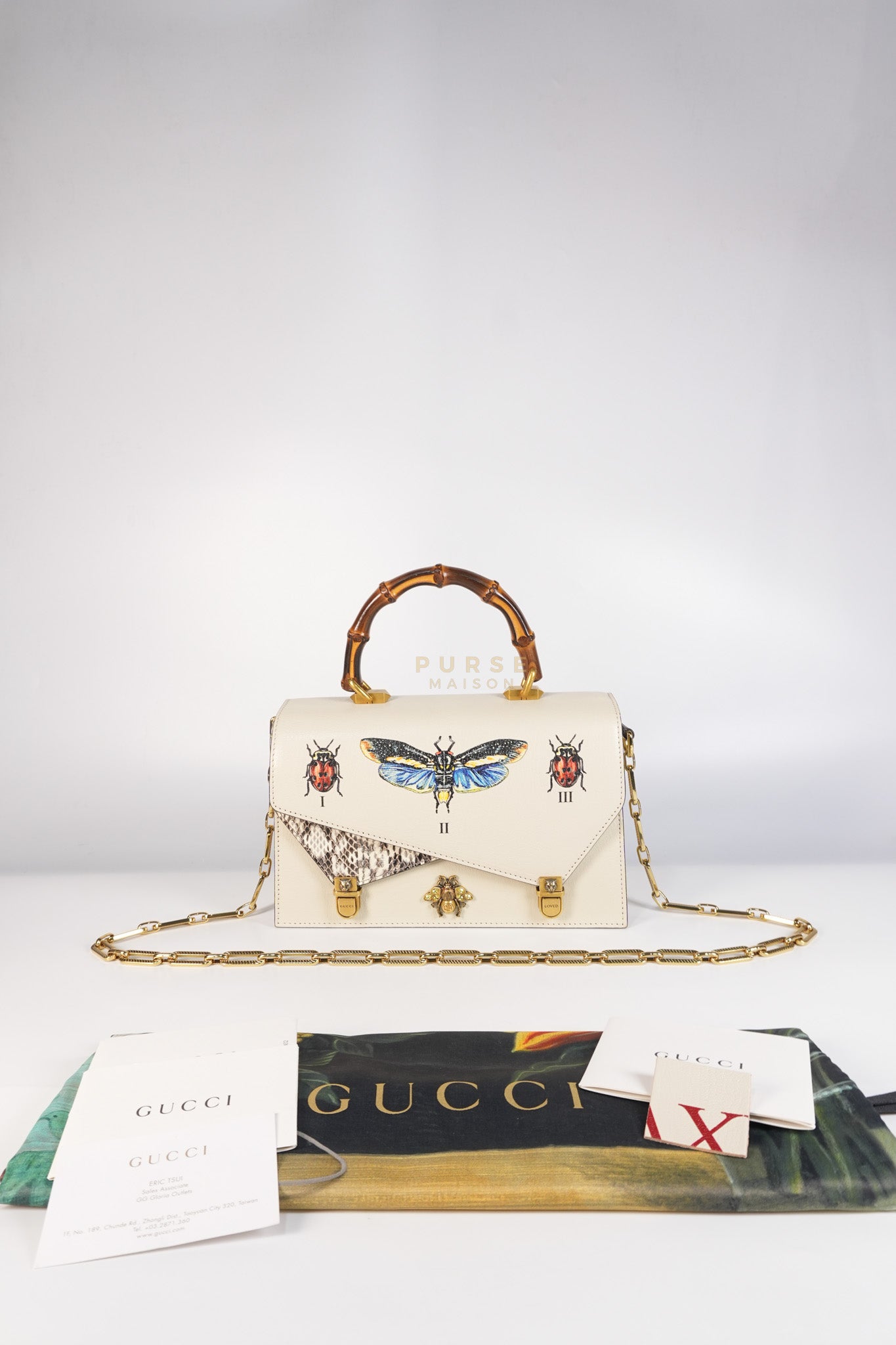 Ottilia Bee Printed Bamboo Top Handle Bag Small in Cream Leather and Snakeskin | Purse Maison Luxury Bags Shop