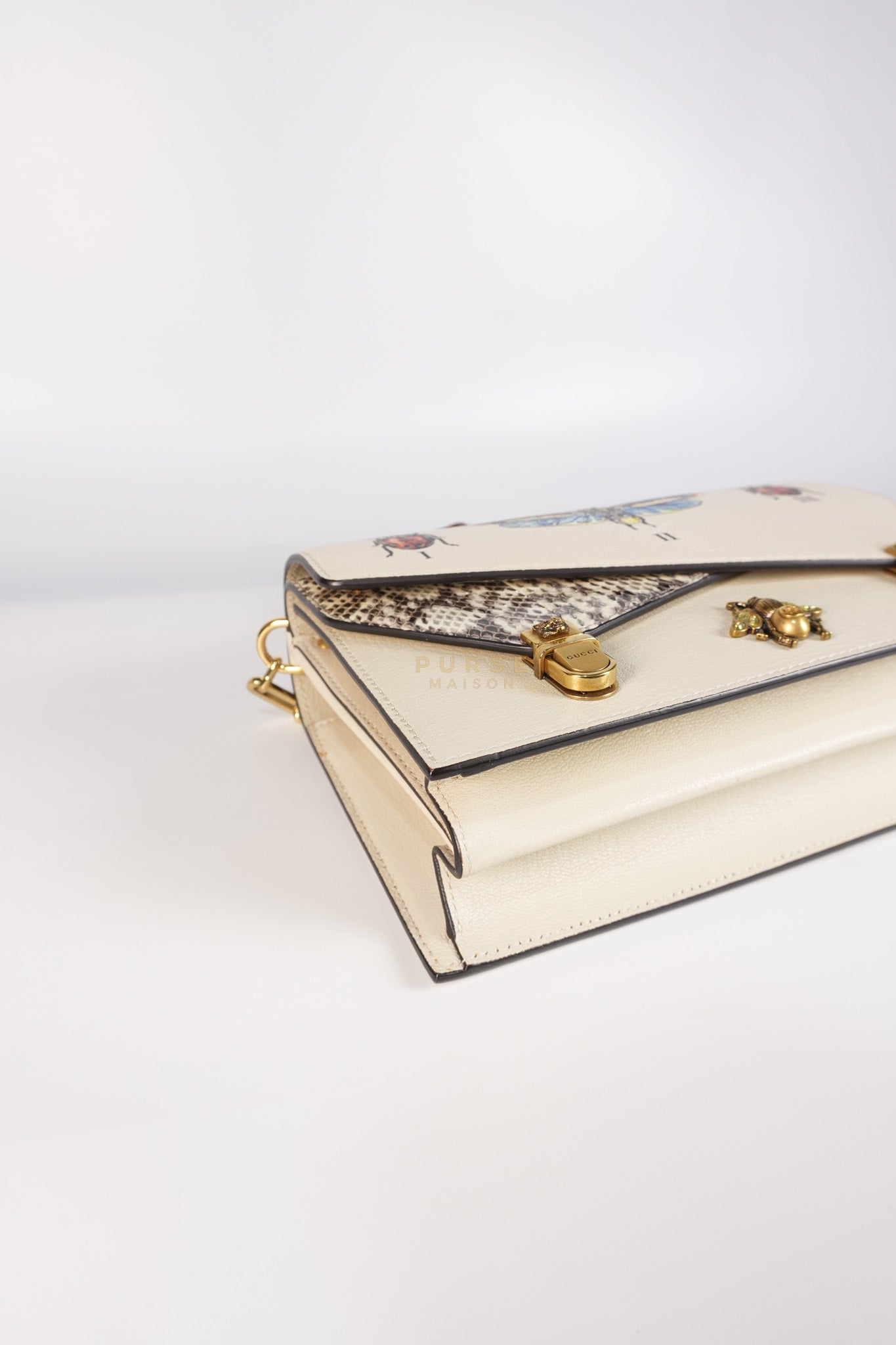 Ottilia Bee Printed Bamboo Top Handle Bag Small in Cream Leather and Snakeskin | Purse Maison Luxury Bags Shop