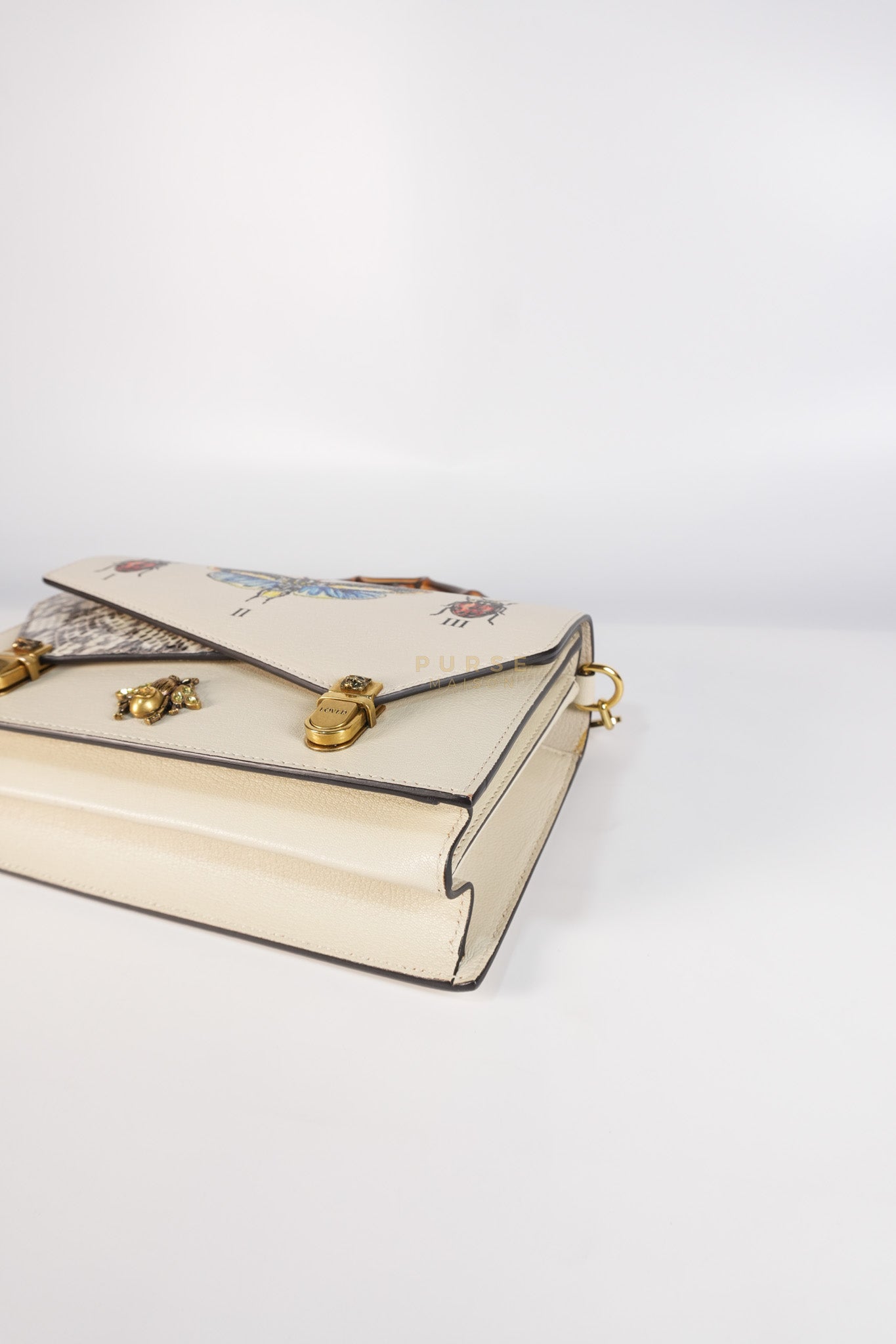 Ottilia Bee Printed Bamboo Top Handle Bag Small in Cream Leather and Snakeskin | Purse Maison Luxury Bags Shop