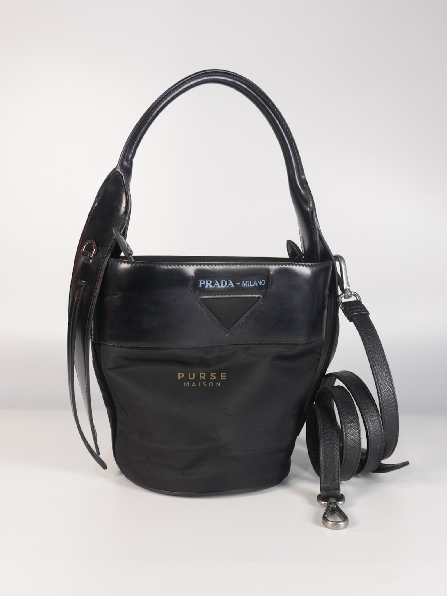 Ouverture Bucket Bag Small in Black Tessuto and Leather | Purse Maison Luxury Bags Shop