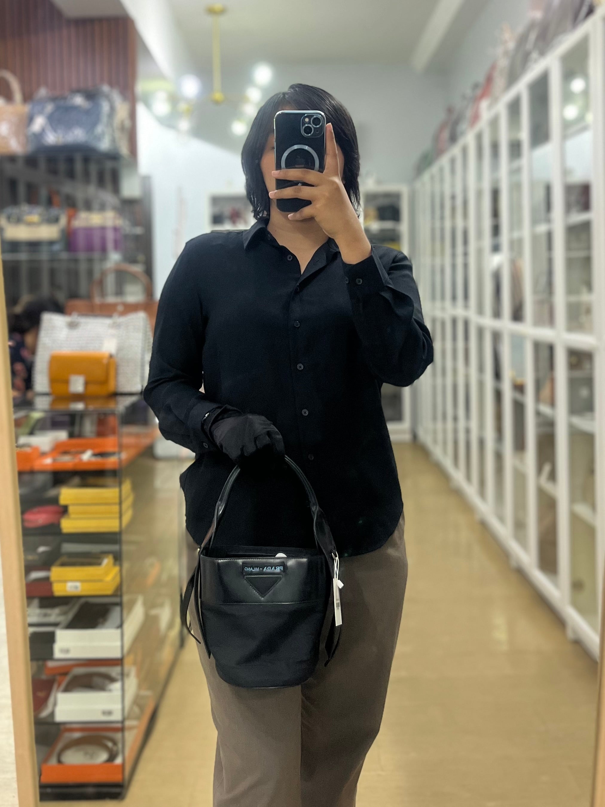 Ouverture Bucket Bag Small in Black Tessuto and Leather | Purse Maison Luxury Bags Shop