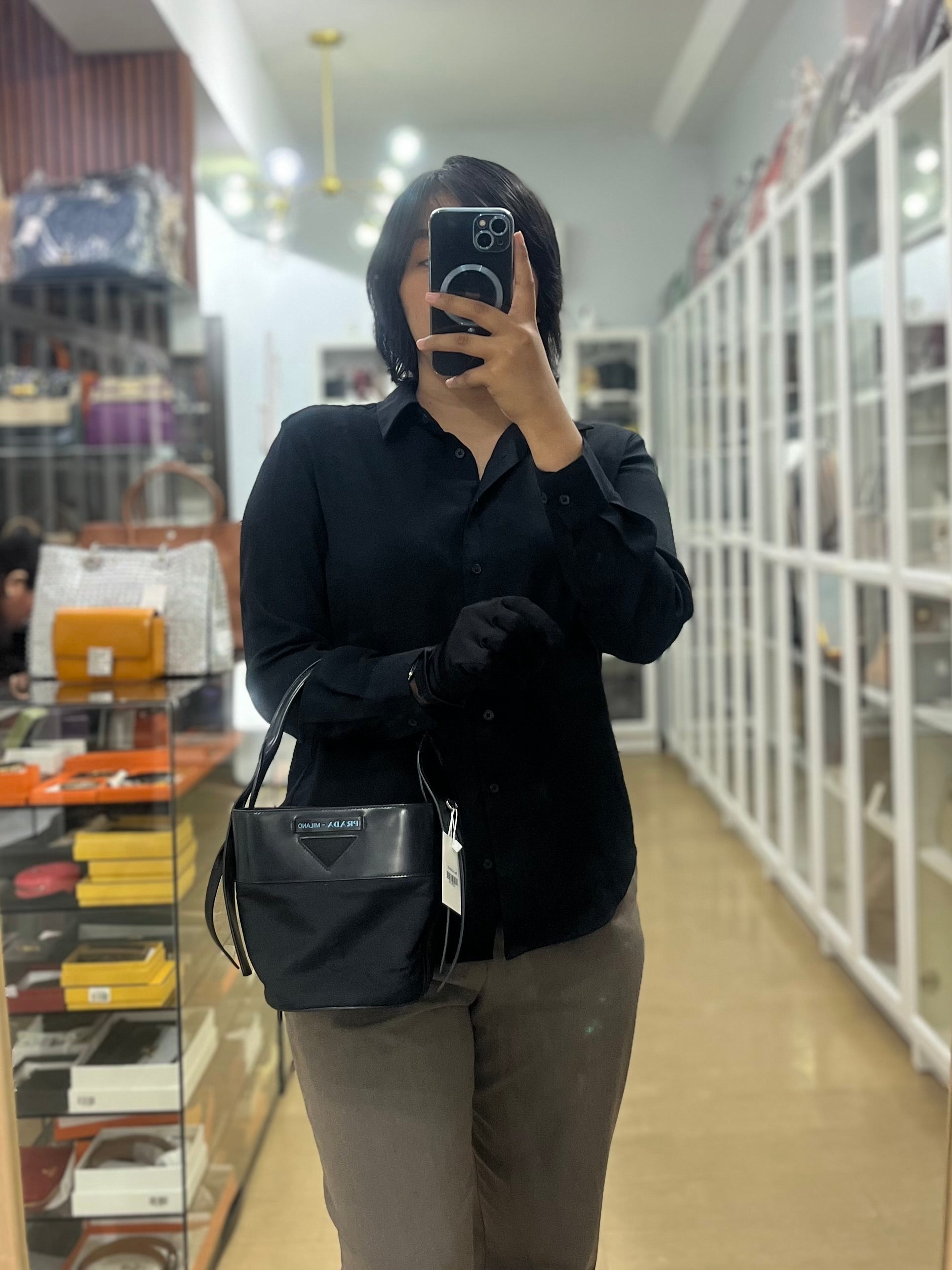 Ouverture Bucket Bag Small in Black Tessuto and Leather | Purse Maison Luxury Bags Shop