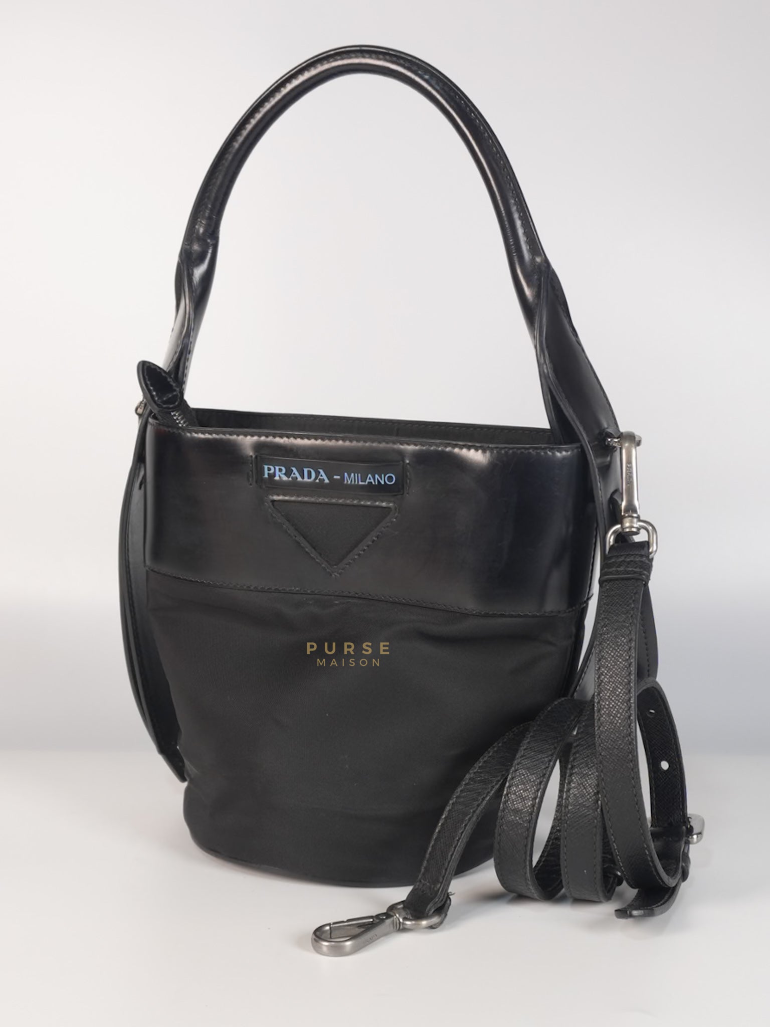 Ouverture Bucket Bag Small in Black Tessuto and Leather | Purse Maison Luxury Bags Shop