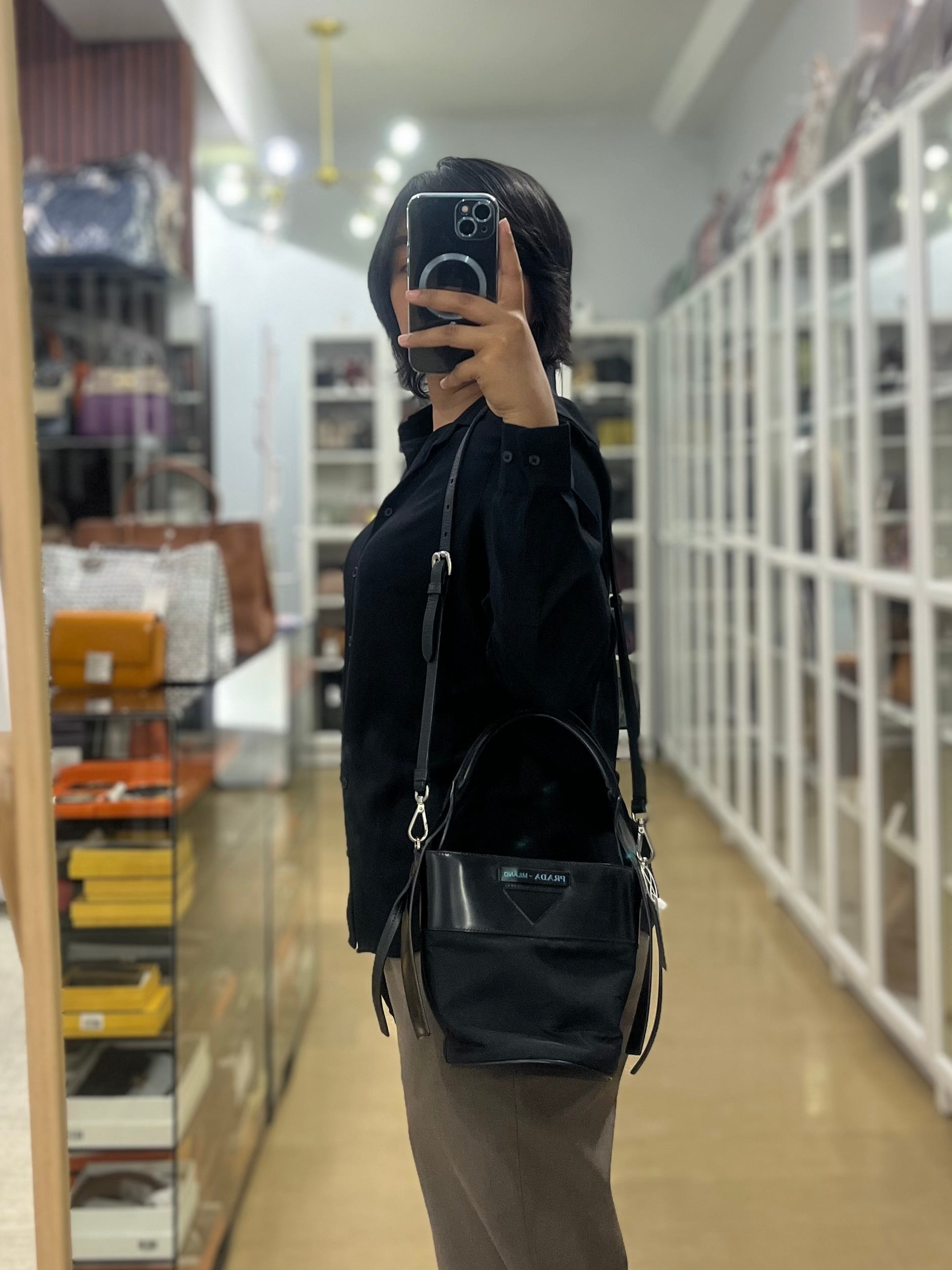 Ouverture Bucket Bag Small in Black Tessuto and Leather | Purse Maison Luxury Bags Shop