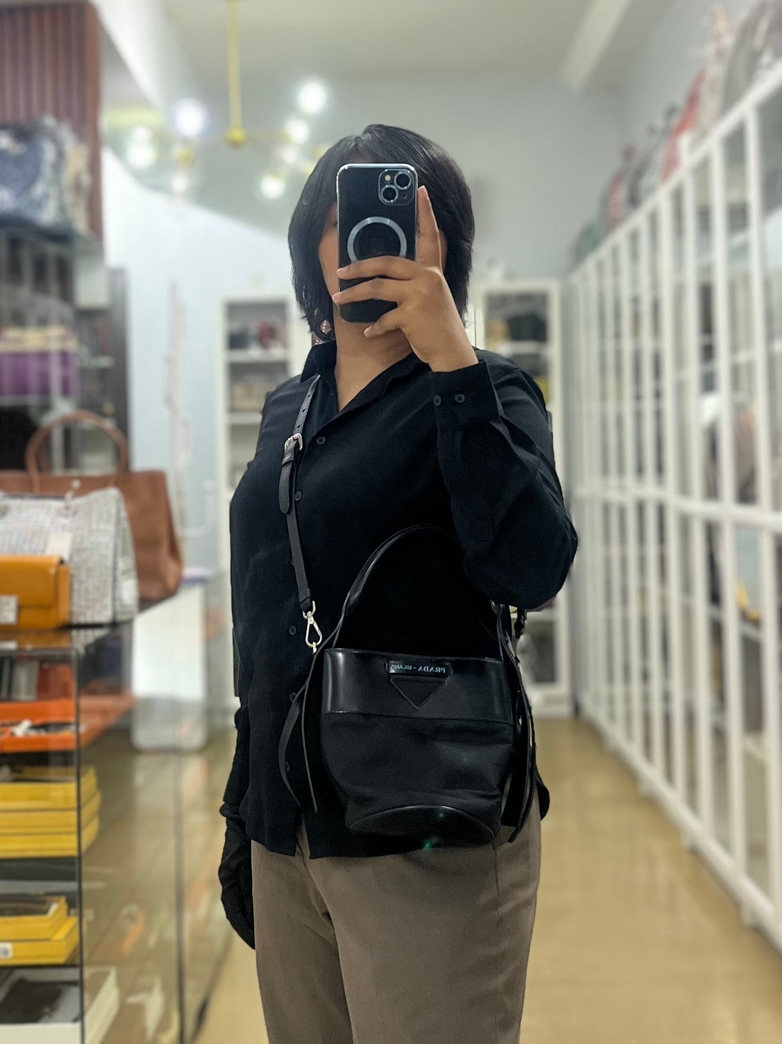 Ouverture Bucket Bag Small in Black Tessuto and Leather | Purse Maison Luxury Bags Shop