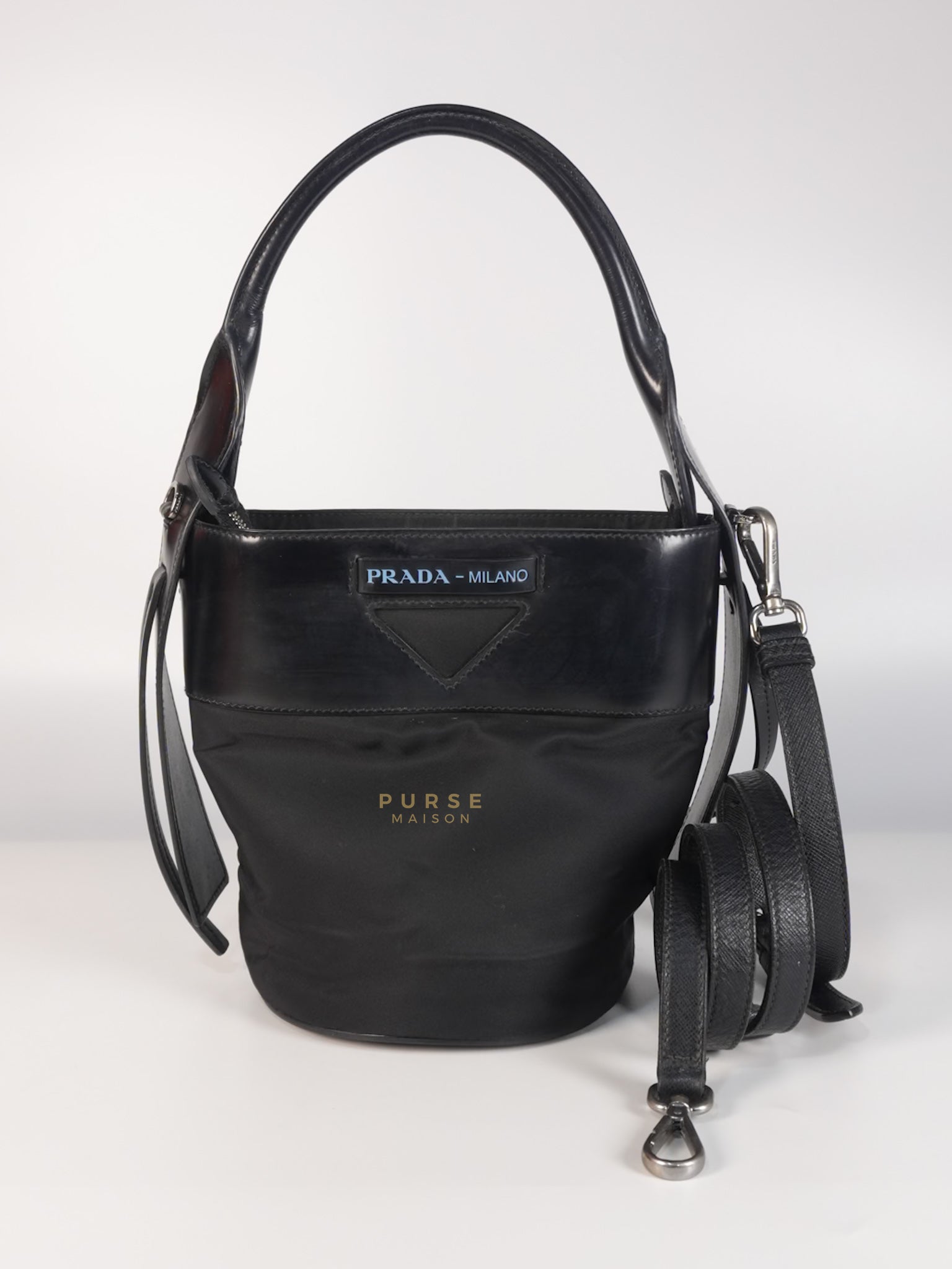 Ouverture Bucket Bag Small in Black Tessuto and Leather | Purse Maison Luxury Bags Shop