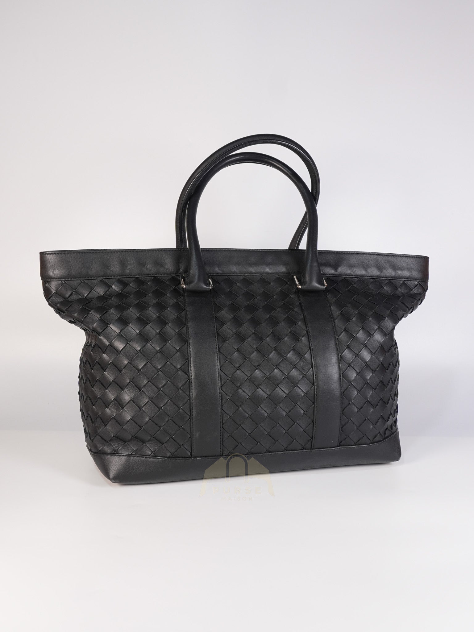 Overnight Tote in Black Nappa Intrecciato Leather | Purse Maison Luxury Bags Shop