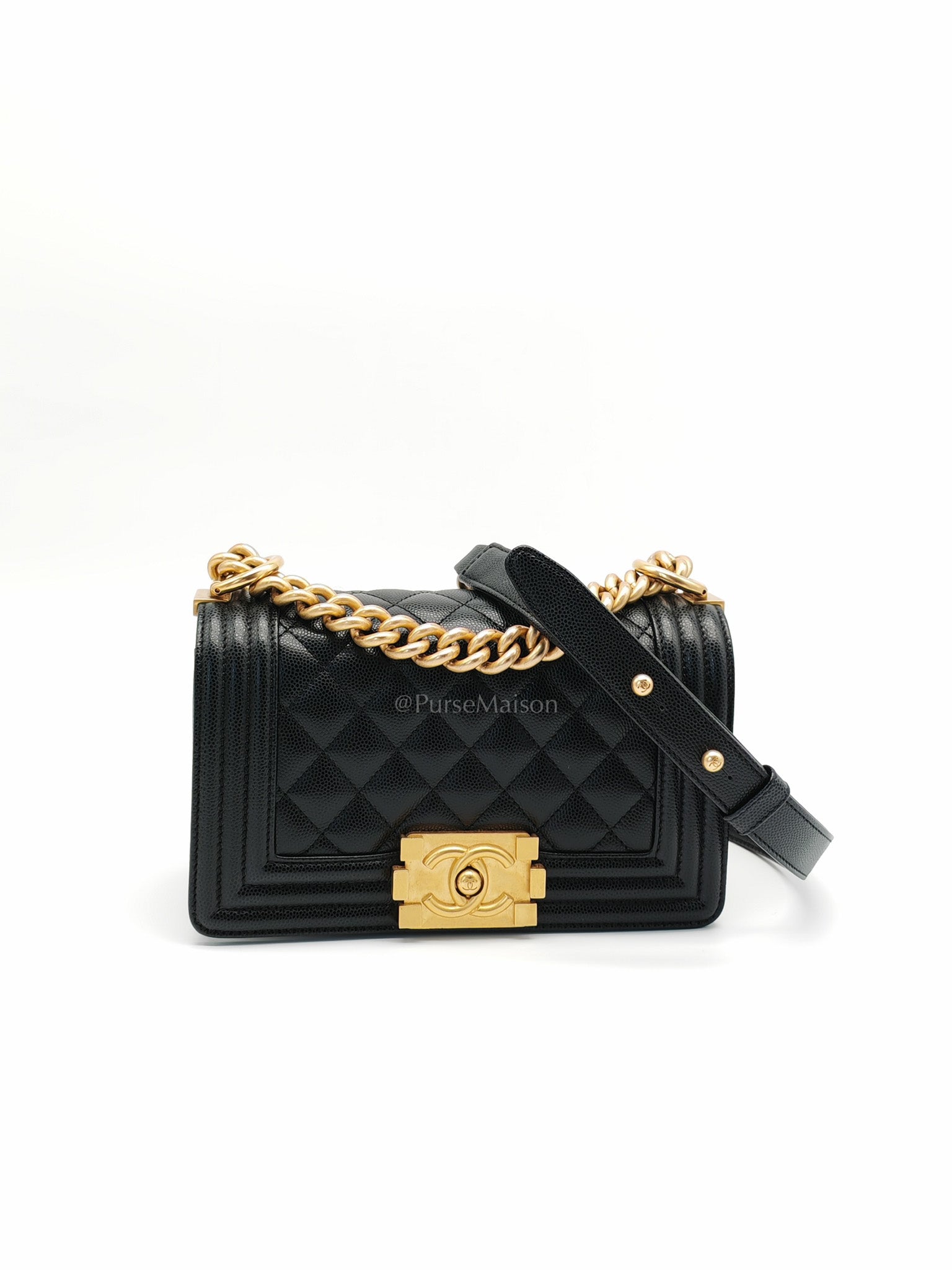 Boy Small in Black Quilted Caviar Leather and Aged Gold Hardware (Microchip)
