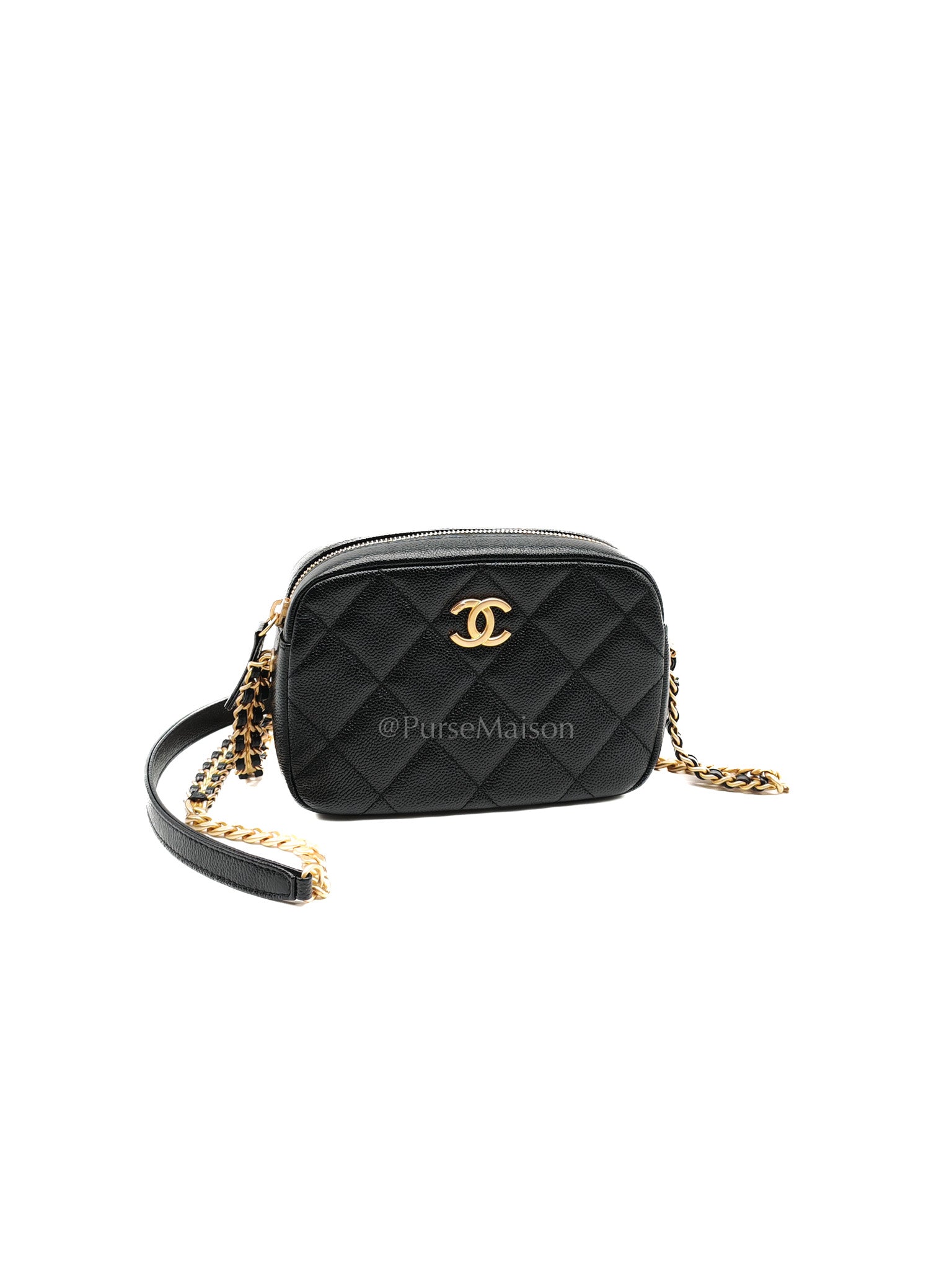 Camera Bag Mini in Black Quilted Caviar Leather & Aged Gold Hardware Microchip