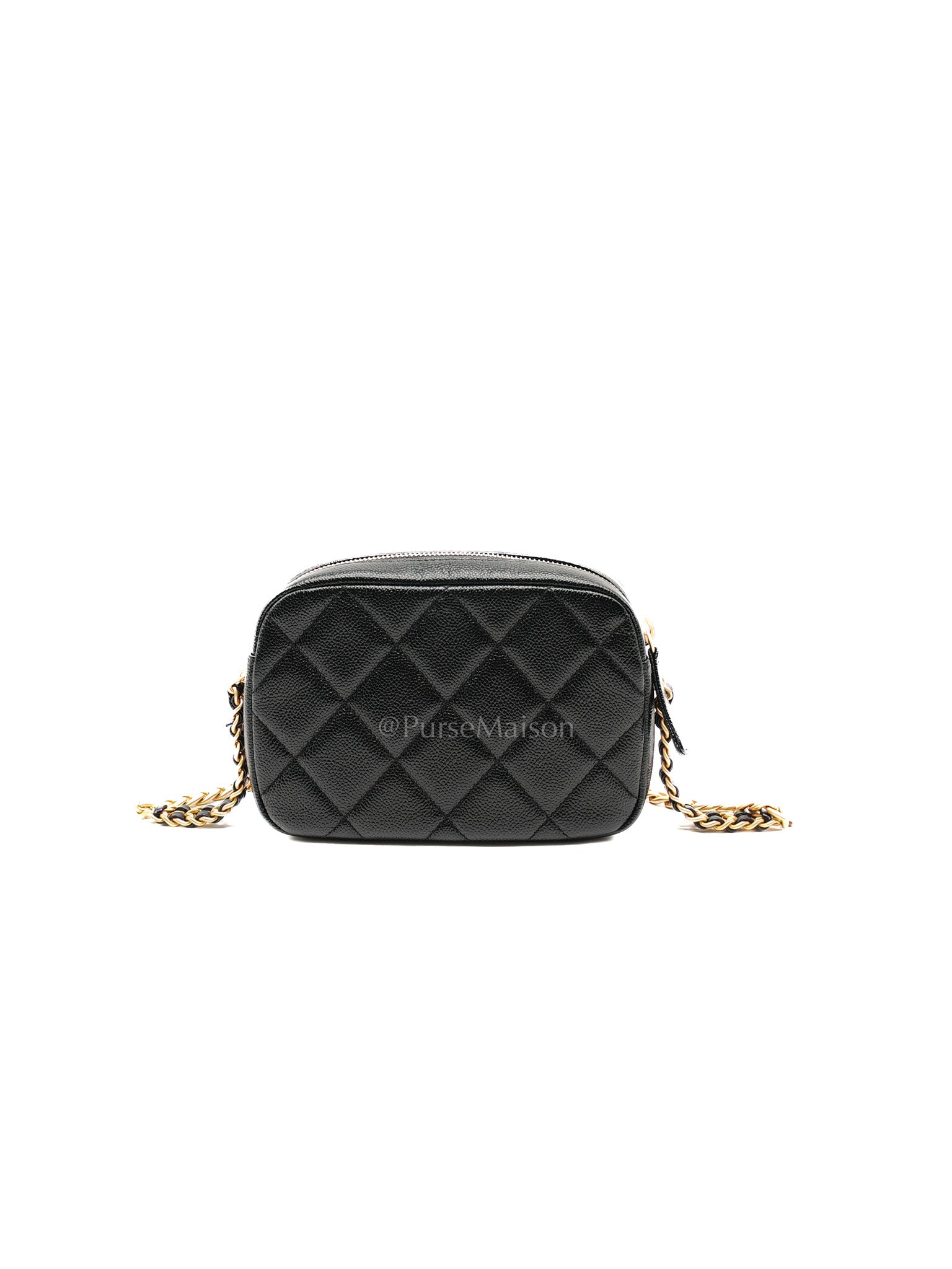 Camera Bag Mini in Black Quilted Caviar Leather & Aged Gold Hardware Microchip
