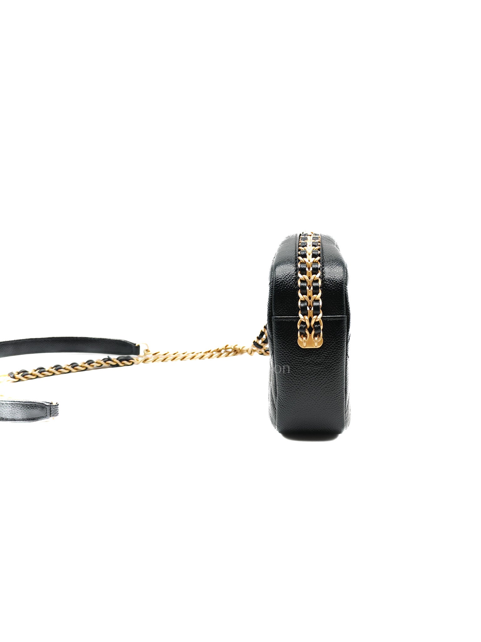 Camera Bag Mini in Black Quilted Caviar Leather & Aged Gold Hardware Microchip