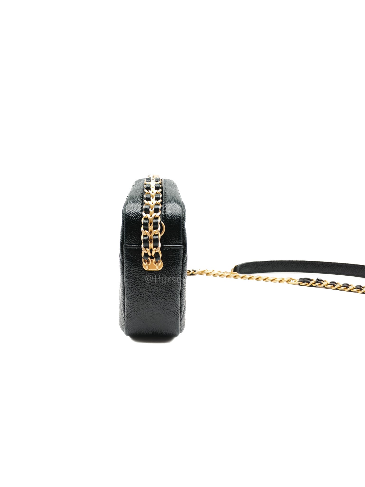 Camera Bag Mini in Black Quilted Caviar Leather & Aged Gold Hardware Microchip