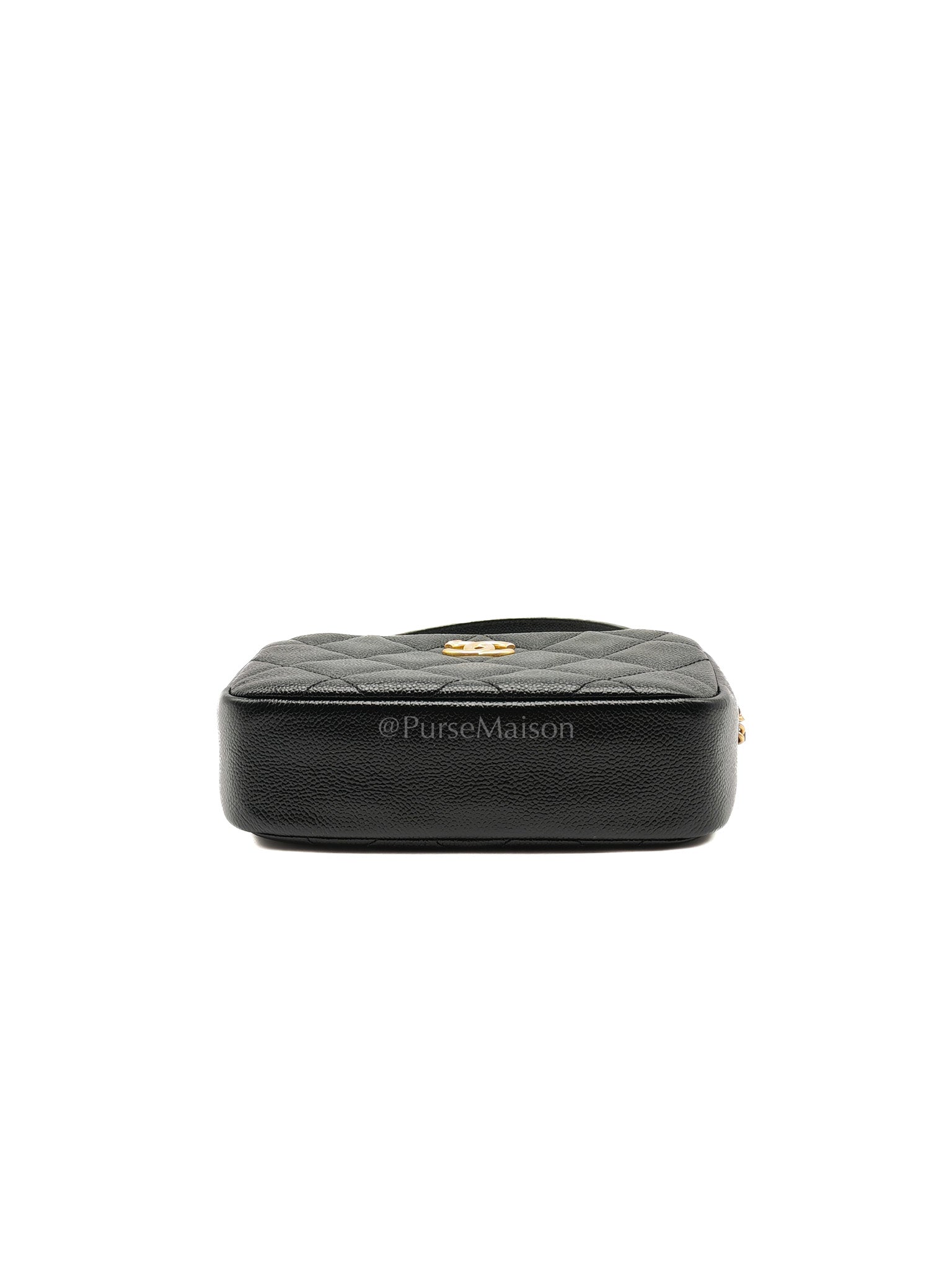 Camera Bag Mini in Black Quilted Caviar Leather & Aged Gold Hardware Microchip