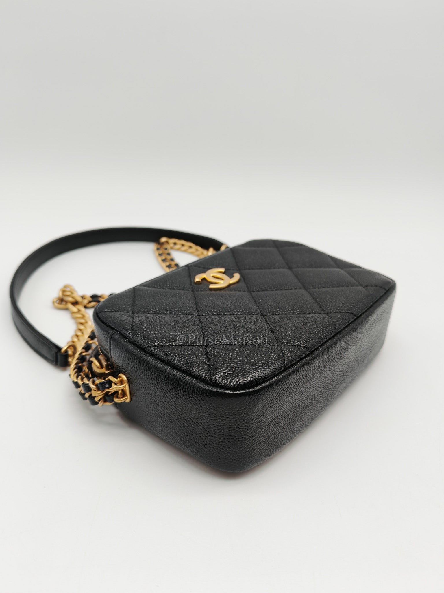 Camera Bag Mini in Black Quilted Caviar Leather & Aged Gold Hardware Microchip