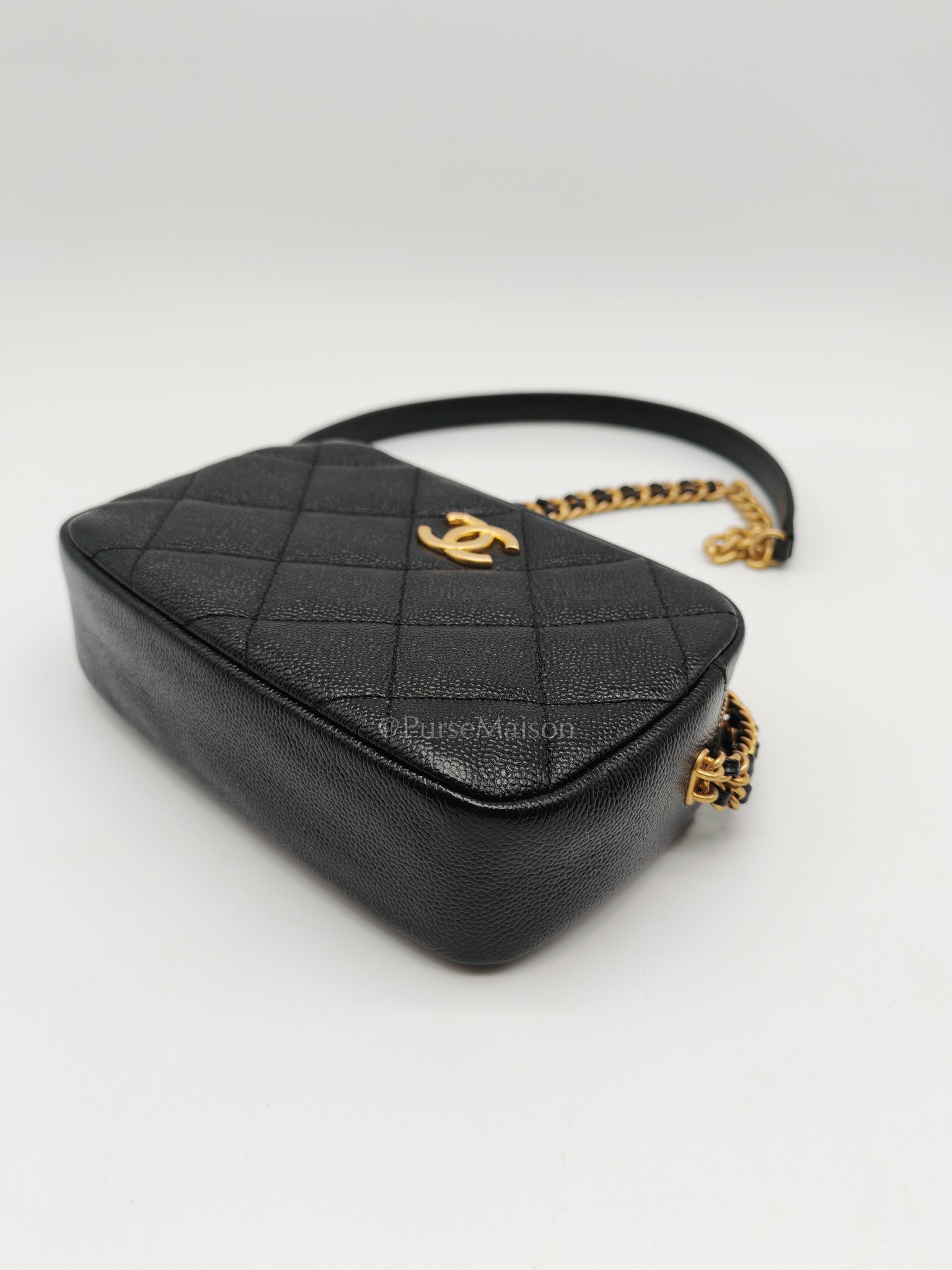 Camera Bag Mini in Black Quilted Caviar Leather & Aged Gold Hardware Microchip