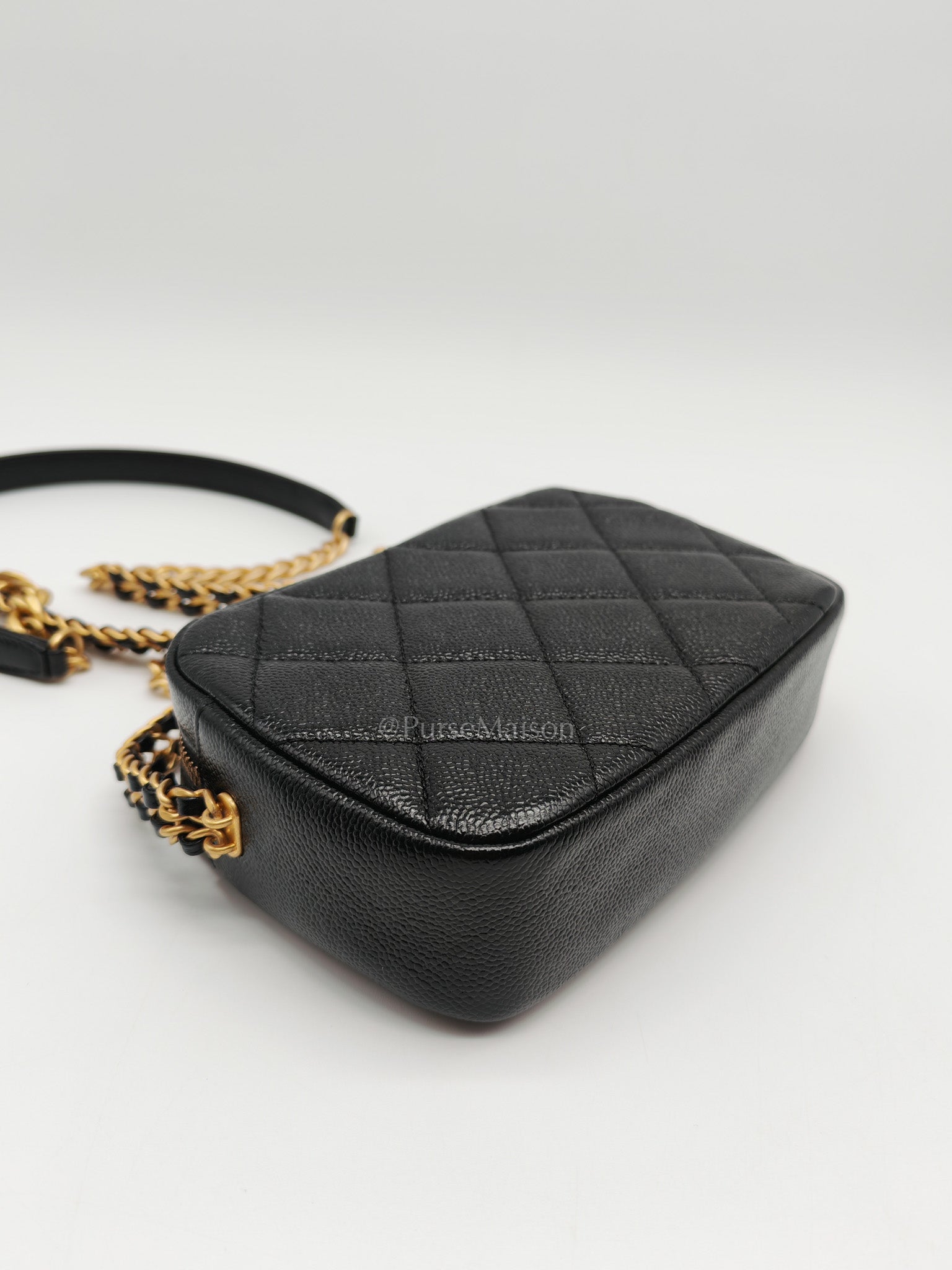 Camera Bag Mini in Black Quilted Caviar Leather & Aged Gold Hardware Microchip