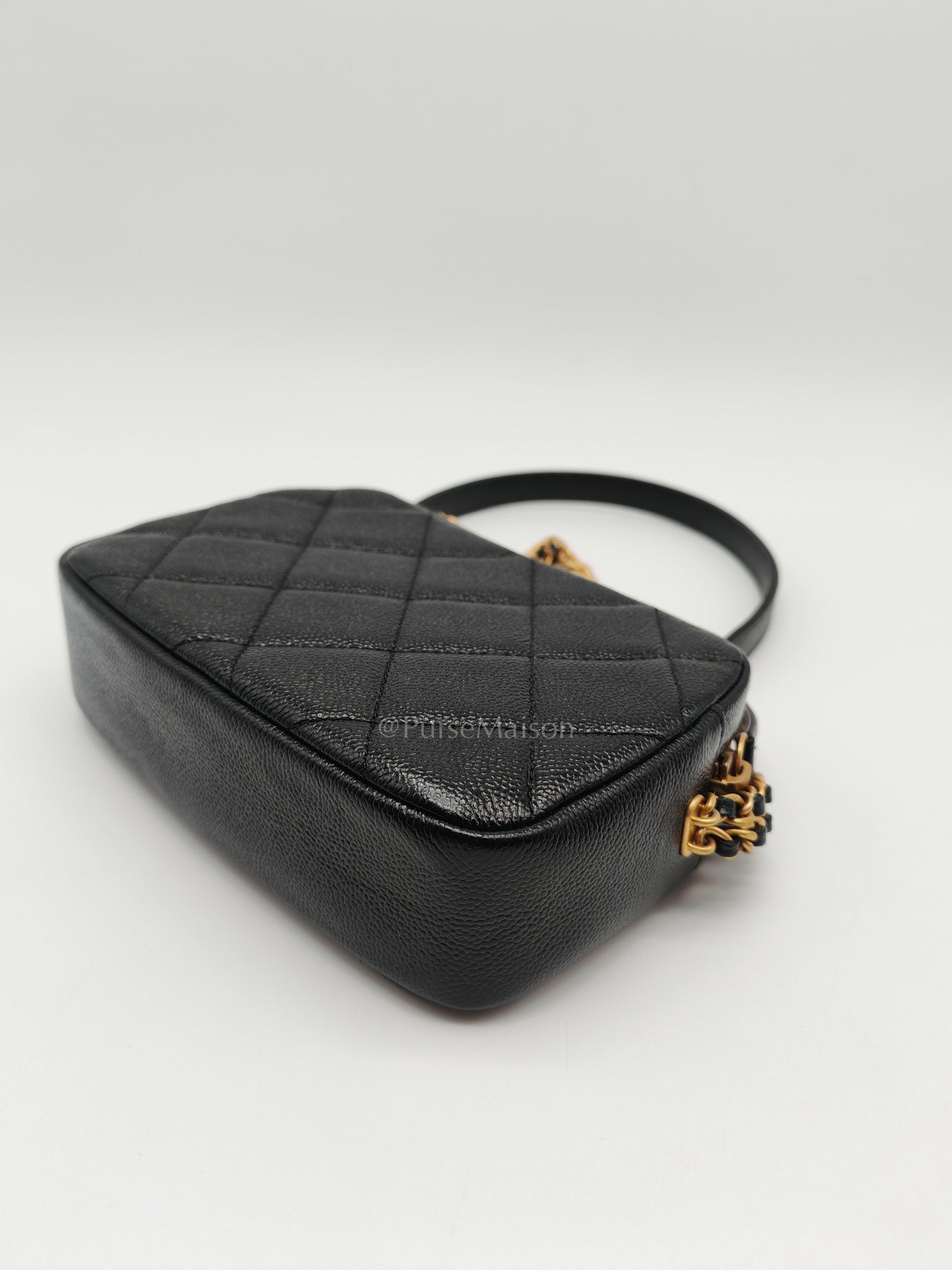 Camera Bag Mini in Black Quilted Caviar Leather & Aged Gold Hardware Microchip