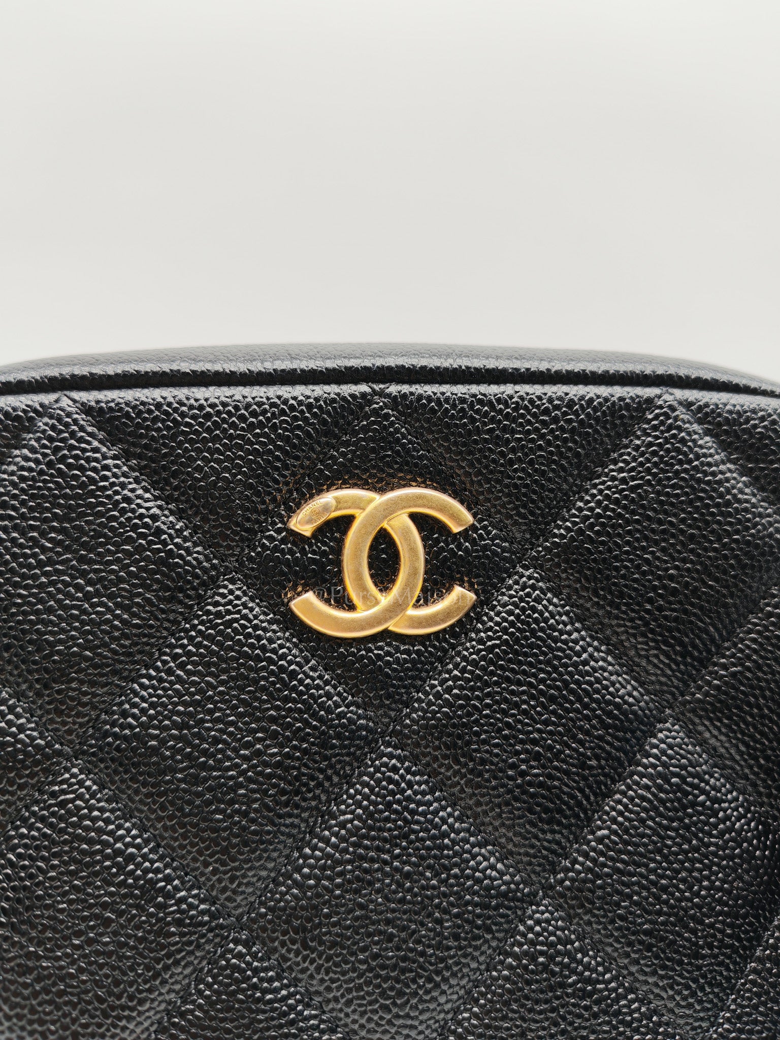 Camera Bag Mini in Black Quilted Caviar Leather & Aged Gold Hardware Microchip