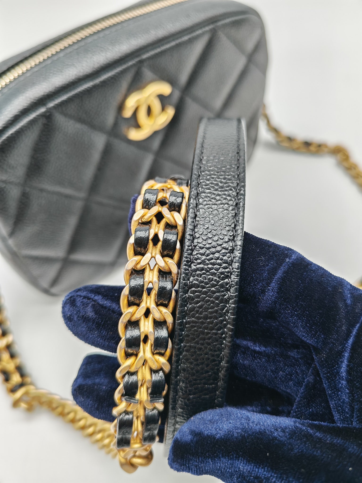 Camera Bag Mini in Black Quilted Caviar Leather & Aged Gold Hardware Microchip