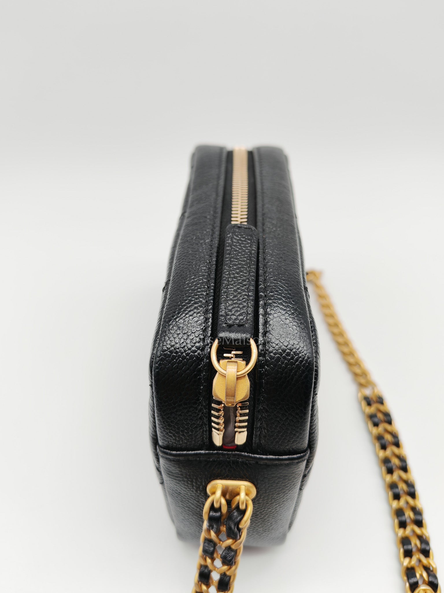 Camera Bag Mini in Black Quilted Caviar Leather & Aged Gold Hardware Microchip