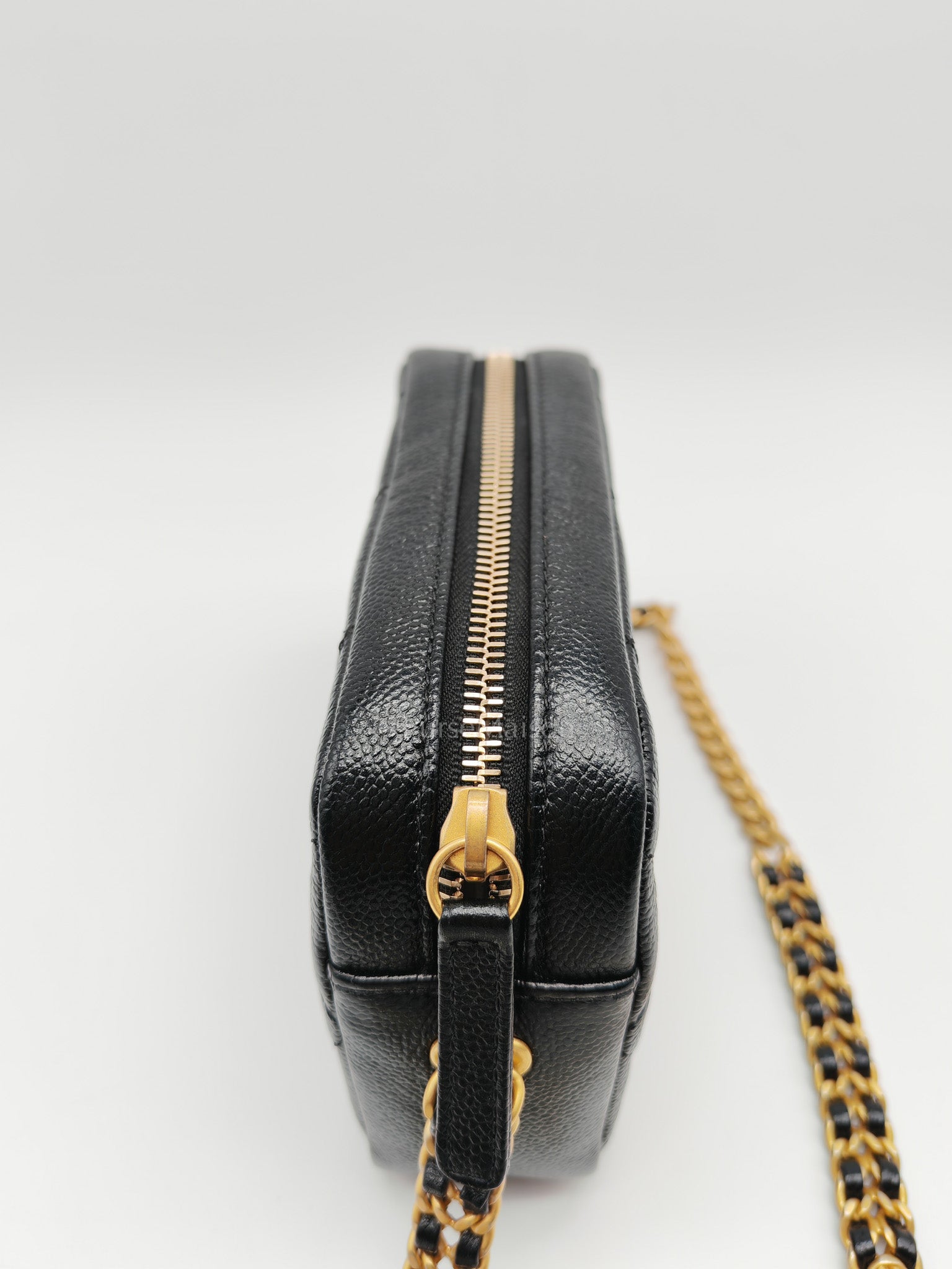 Camera Bag Mini in Black Quilted Caviar Leather & Aged Gold Hardware Microchip