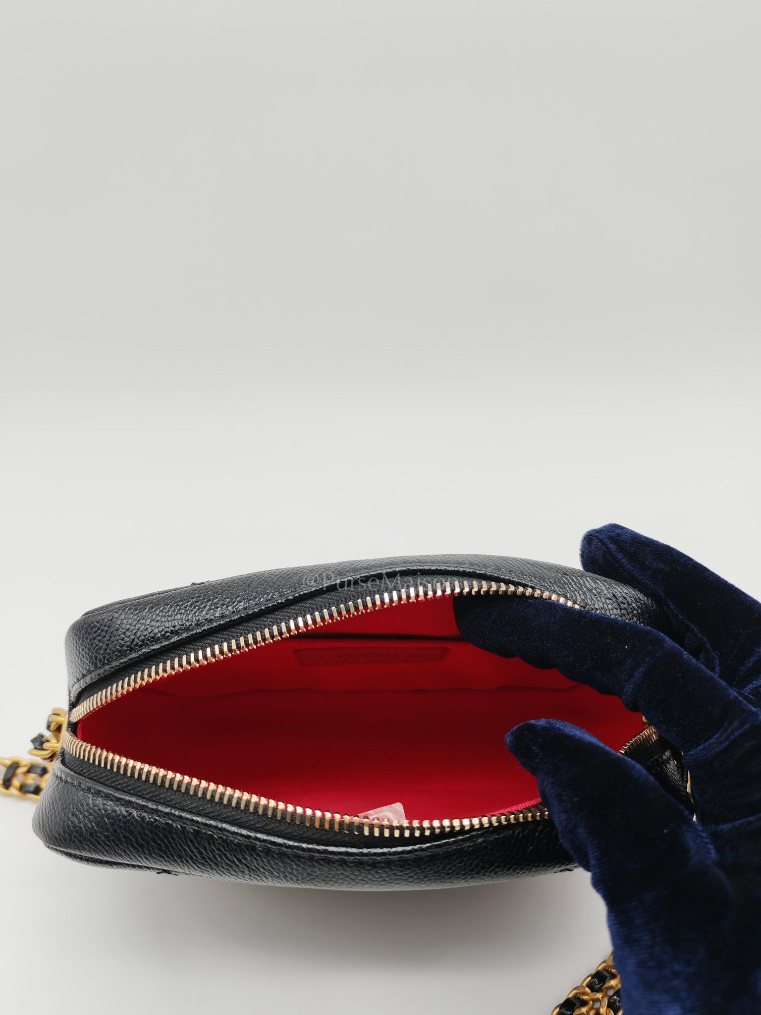 Camera Bag Mini in Black Quilted Caviar Leather & Aged Gold Hardware Microchip