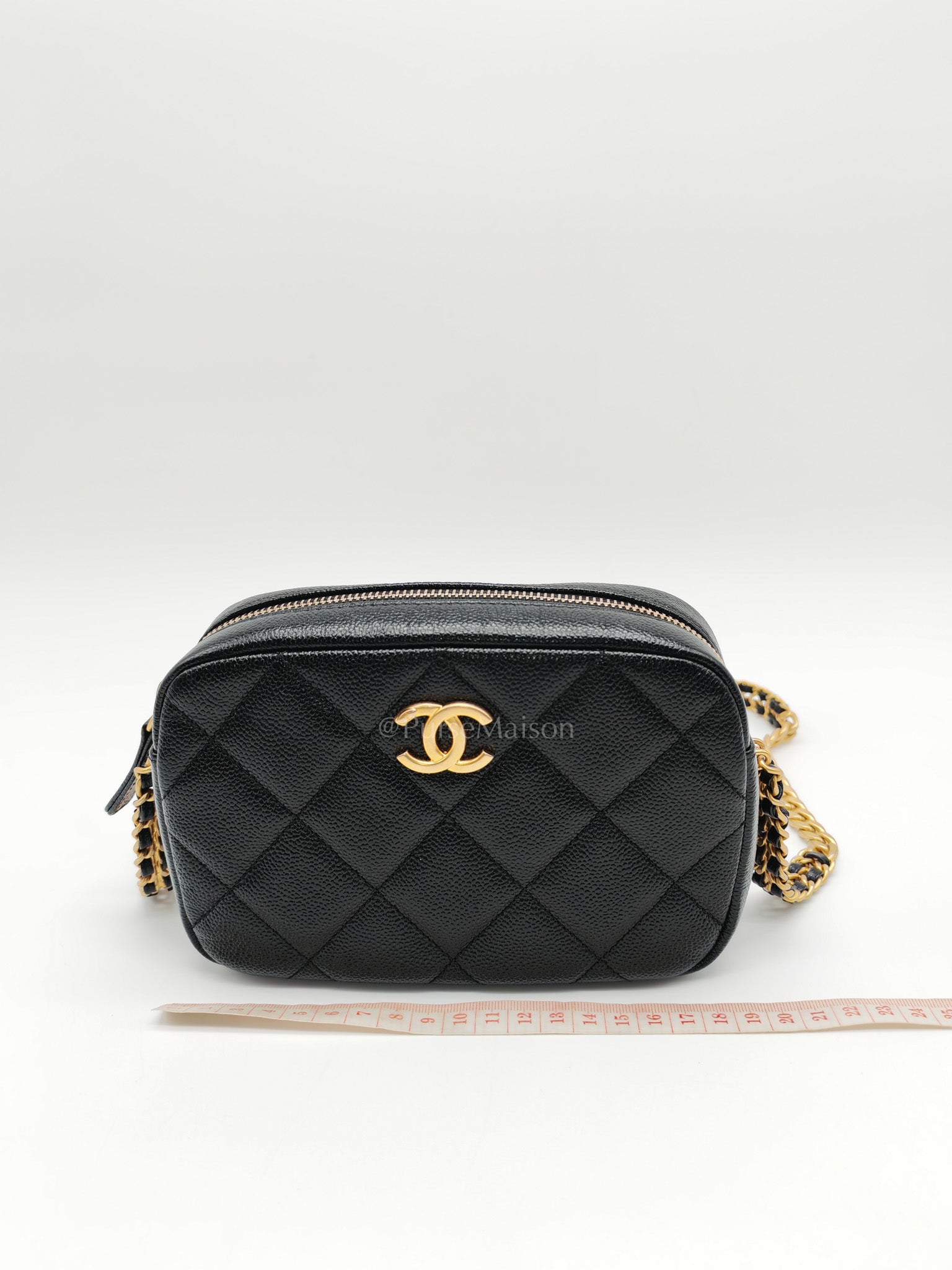 Camera Bag Mini in Black Quilted Caviar Leather & Aged Gold Hardware Microchip
