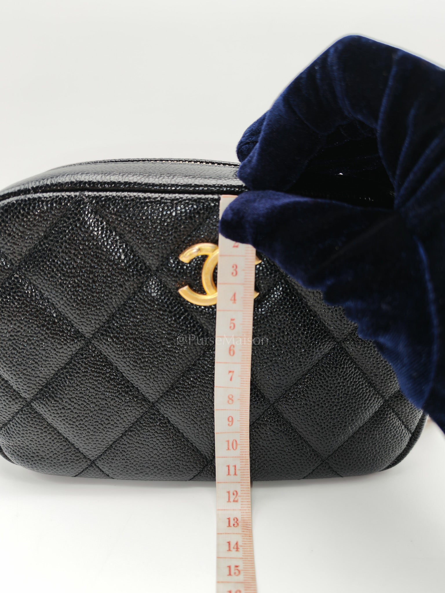 Camera Bag Mini in Black Quilted Caviar Leather & Aged Gold Hardware Microchip