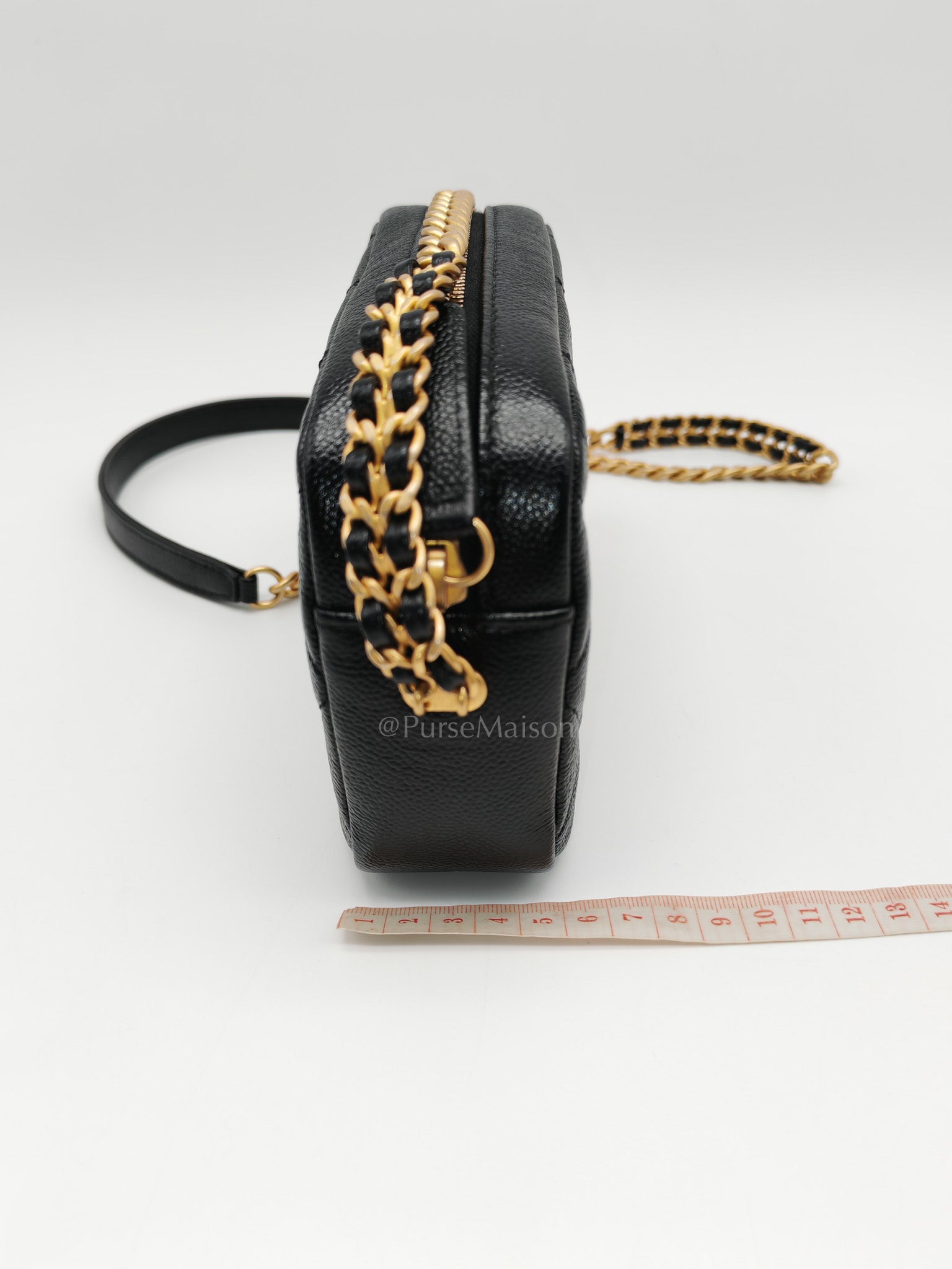 Camera Bag Mini in Black Quilted Caviar Leather & Aged Gold Hardware Microchip