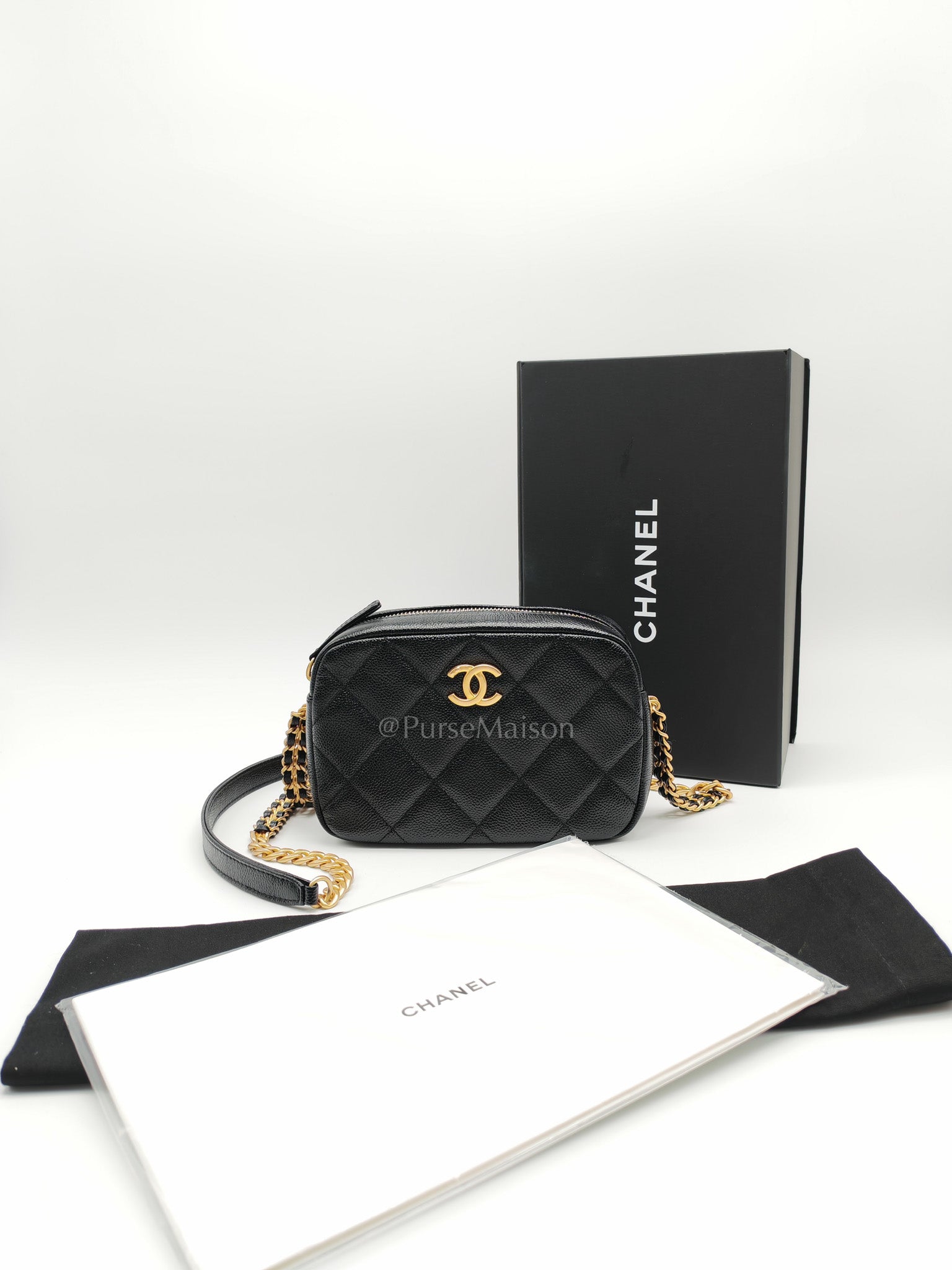 Camera Bag Mini in Black Quilted Caviar Leather & Aged Gold Hardware Microchip