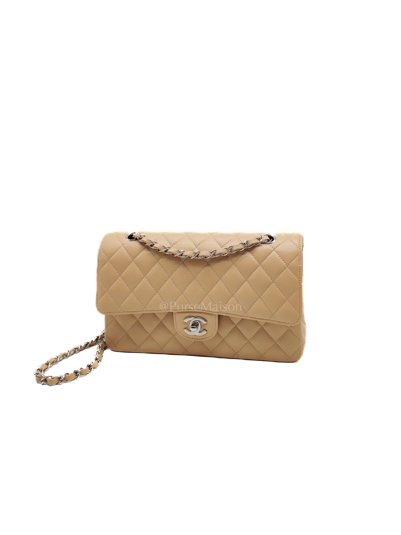 Classic Double Flap Medium in Beige Clair Quilted Caviar Leather & Silver Hardware Microchip